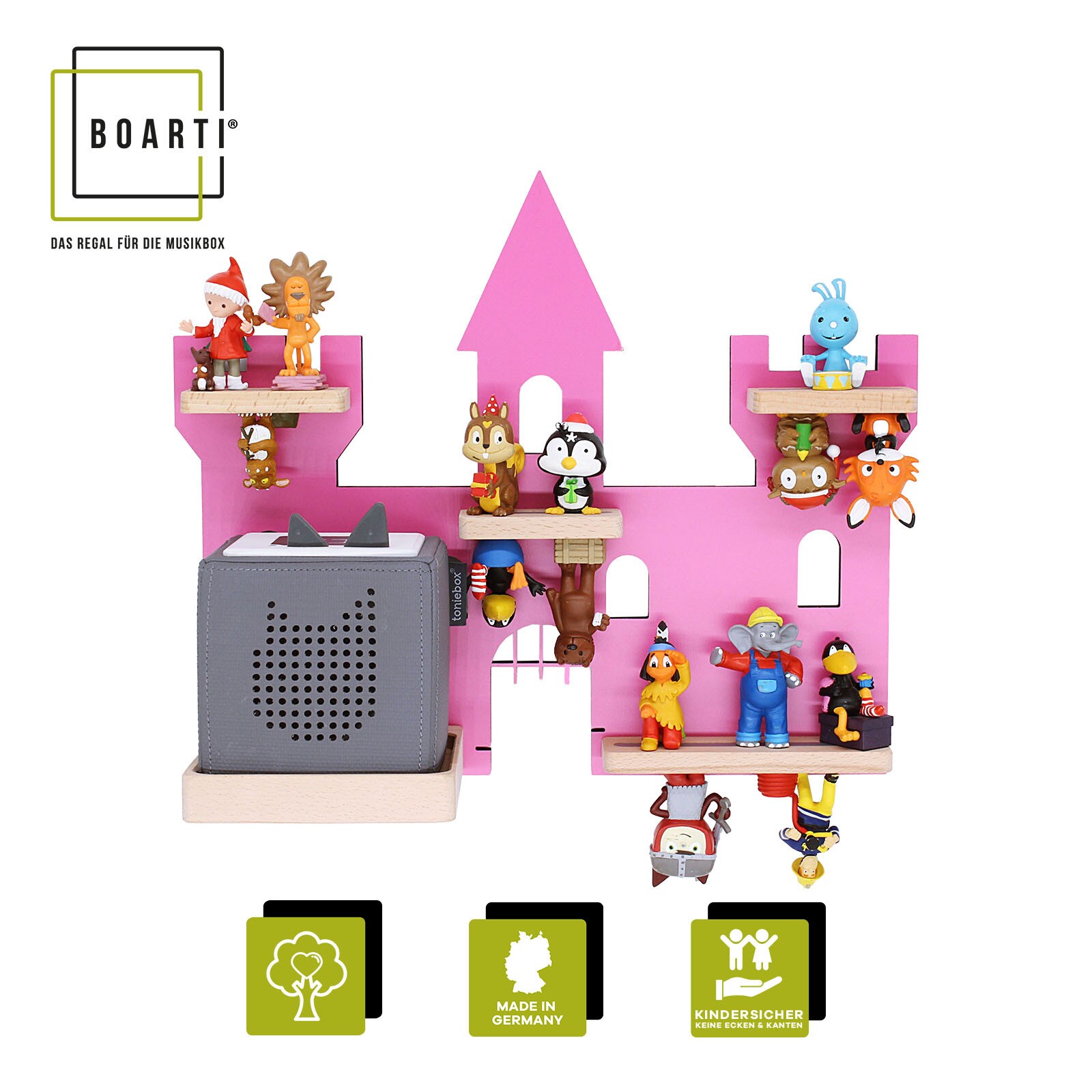 BOARTI Kinderregal Haus Schloss | h&auml;ngend f&uuml;r Toniebox und Tonie Figuren | platzsparendes Regal | H. 34 x B. 42 x T. 19 | Wandregal Musikbox und Figuren Aufbewahrung Magneteins&auml;tzen | Aufbewahrungsregal Holz 