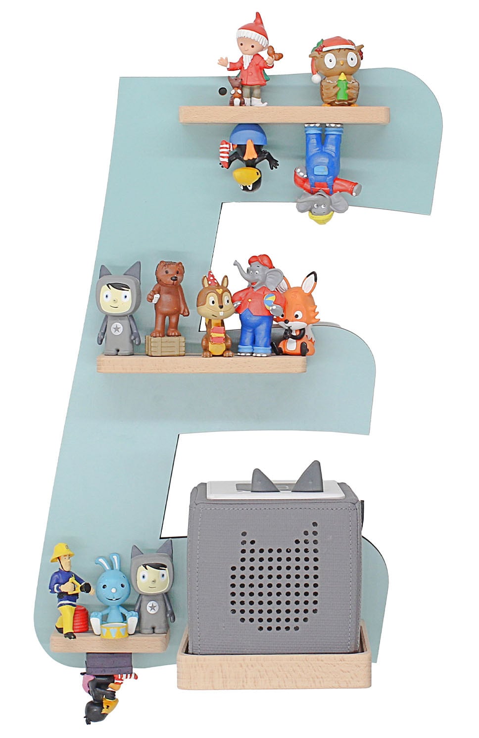 BOARTI Kinderregal Buchstabe E | h&auml;ngend f&uuml;r Toniebox und Tonie Figuren | platzsparendes Regal | H. 47 x B. 32 x T. 19 | Wandregal Musikbox und Figuren Aufbewahrung Magneteins&auml;tzen | Aufbewahrungsregal Holz 