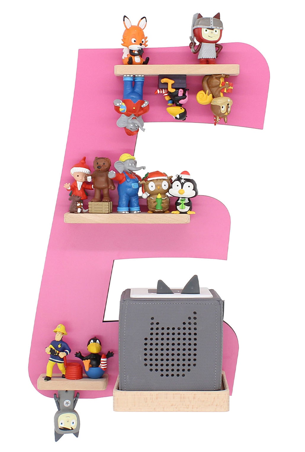 BOARTI Kinderregal Buchstabe E | h&auml;ngend f&uuml;r Toniebox und Tonie Figuren | platzsparendes Regal | H. 47 x B. 32 x T. 19 | Wandregal Musikbox und Figuren Aufbewahrung Magneteins&auml;tzen | Aufbewahrungsregal Holz 
