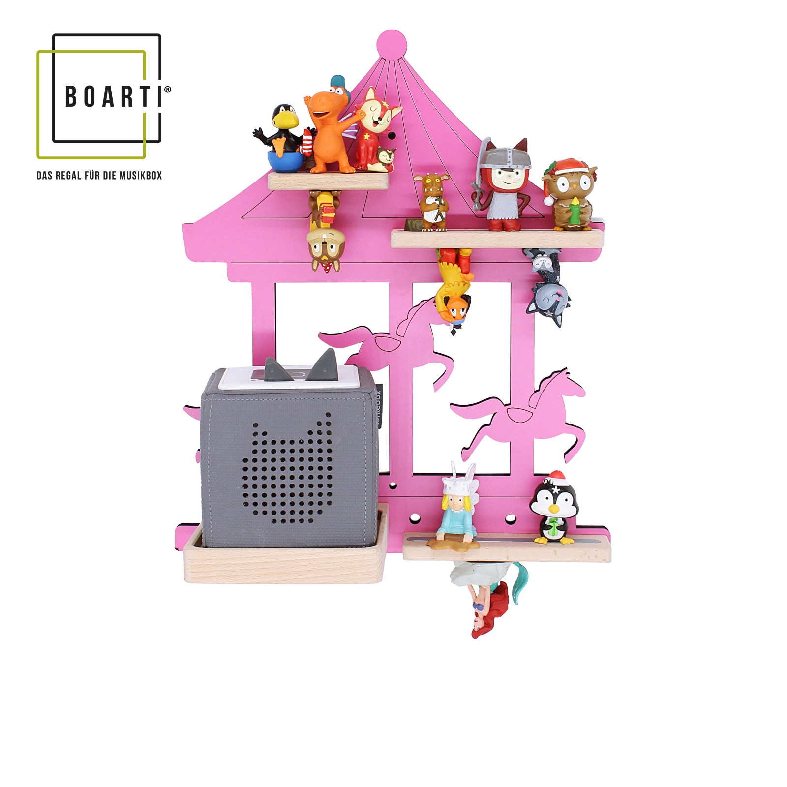 BOARTI Kinderregal Karussell | h&auml;ngend f&uuml;r Toniebox und Tonie Figuren | platzsparendes Regal | H. 41 x B. 35 x T. 19 cm | Wandregal Musikbox und Figuren Aufbewahrung Magneteins&auml;tzen | Aufbewahrungsregal Holz 