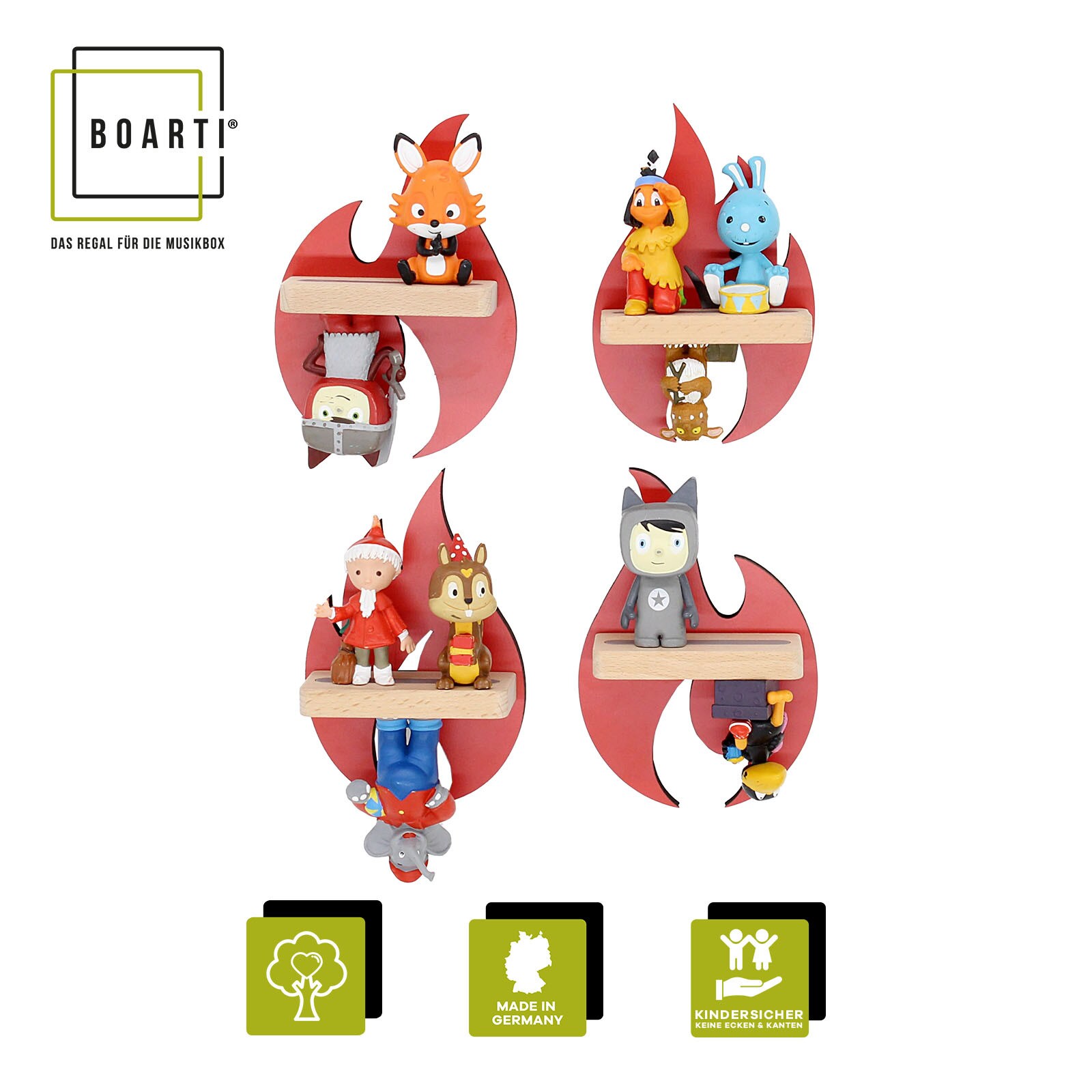 BOARTI Kinderregal Flammen Feuerwehr | h&auml;ngend f&uuml;r Tonie Figuren | platzsparendes Regal | Ma&szlig;e: H. 31 x B. 21 x T. 5 cm | Wandregal f&uuml;r Figuren Aufbewahrung mit Magneteins&auml;tzen | Aufbewahrungsregal Holz 