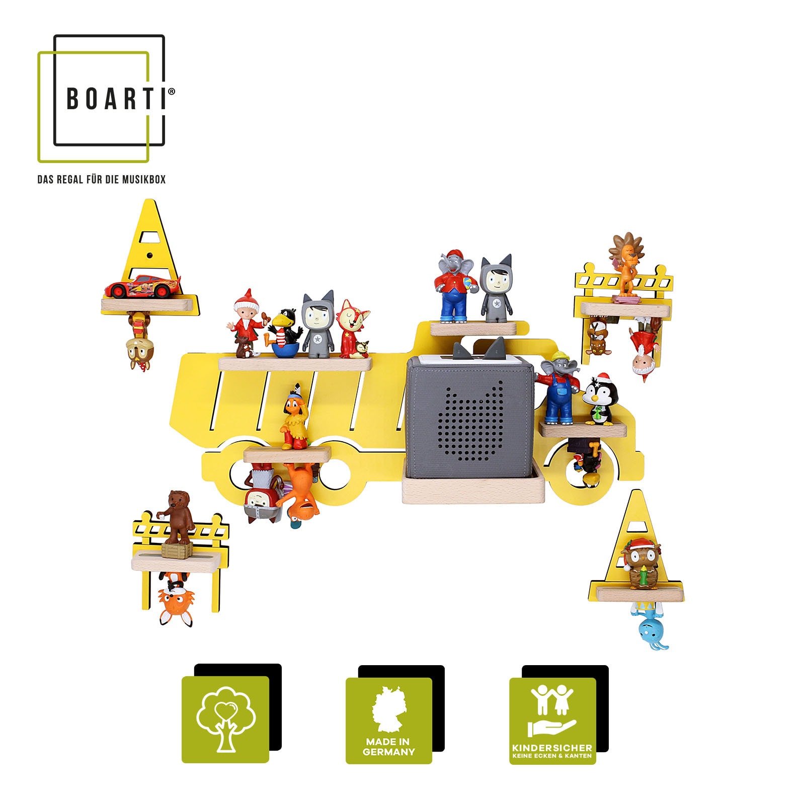 BOARTI Kinderregal LKW Bagger | h&auml;ngend f&uuml;r Toniebox und Tonie Figuren | platzsparendes Regal | H. 43 x B. 47 x T. 19 cm | Wandregal Musikbox Figuren Aufbewahrung Magneteins&auml;tzen | Aufbewahrungsregal Holz 