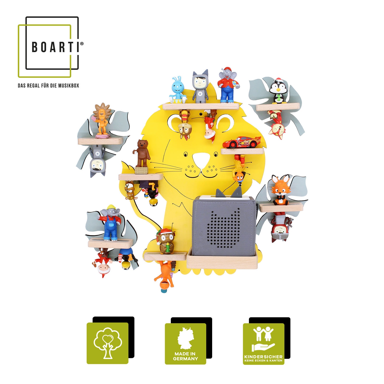 BOARTI Kinderregal Tier L&ouml;we | h&auml;ngend f&uuml;r Toniebox und Tonie Figuren | platzsparendes Regal | H. 42 x B. 42 x T. 19 cm | Wandregal Musikbox und Figuren Aufbewahrung Magneteins&auml;tzen | Aufbewahrungsregal Holz 