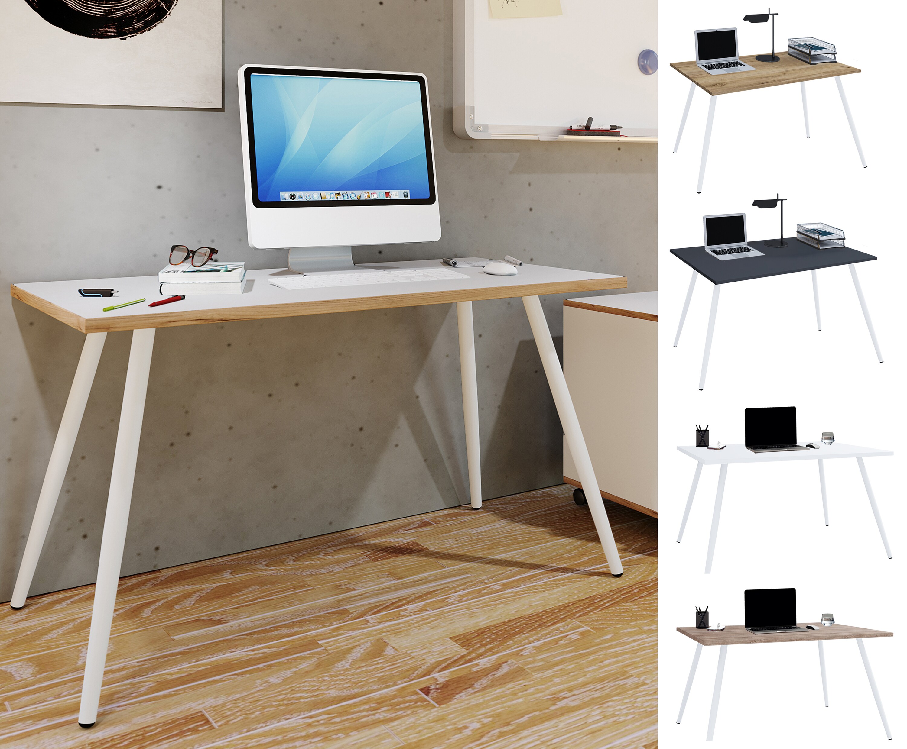 VCM Schreibtisch Computertisch B&uuml;rotisch Skandanivischer Retro Look Salia 138x80 cm 