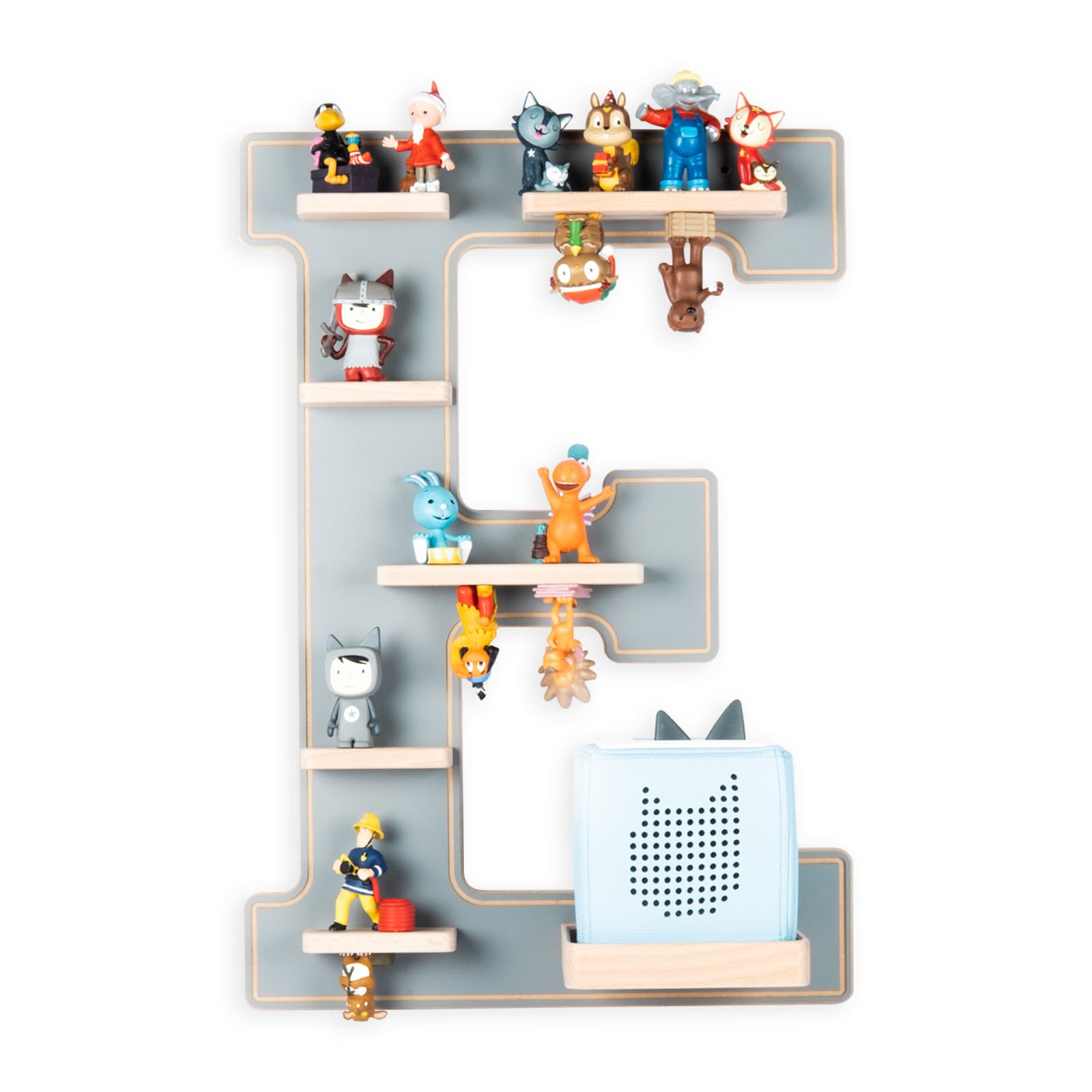 BOARTI Kinderregal Buchstabe E | h&auml;ngend f&uuml;r Toniebox und Tonie Figuren | platzsparendes Regal | H. 54 x B. 38 x T. 19 | Wandregal Musikbox und Figuren Aufbewahrung Magneteins&auml;tzen | Aufbewahrungsregal Holz 