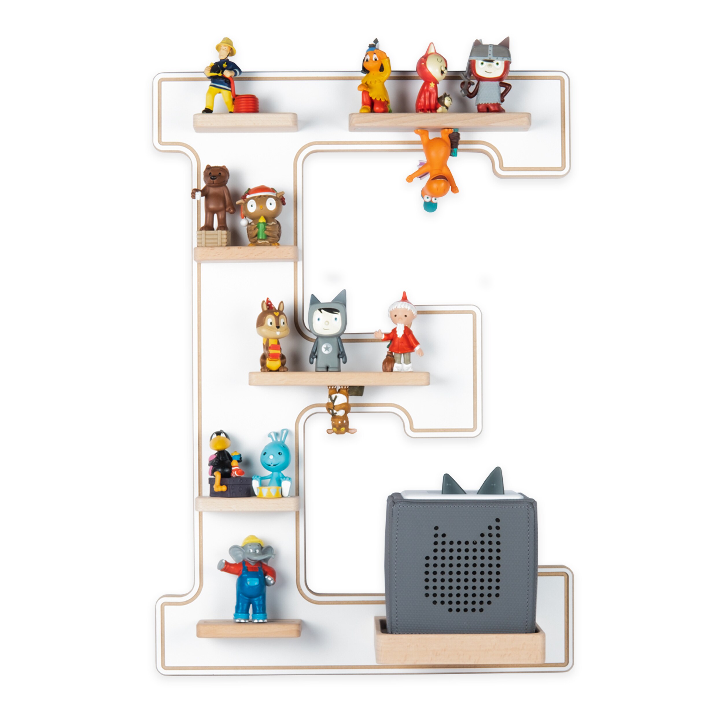 BOARTI Kinderregal Buchstabe E | h&auml;ngend f&uuml;r Toniebox und Tonie Figuren | platzsparendes Regal | H. 54 x B. 38 x T. 19 | Wandregal Musikbox und Figuren Aufbewahrung Magneteins&auml;tzen | Aufbewahrungsregal Holz 