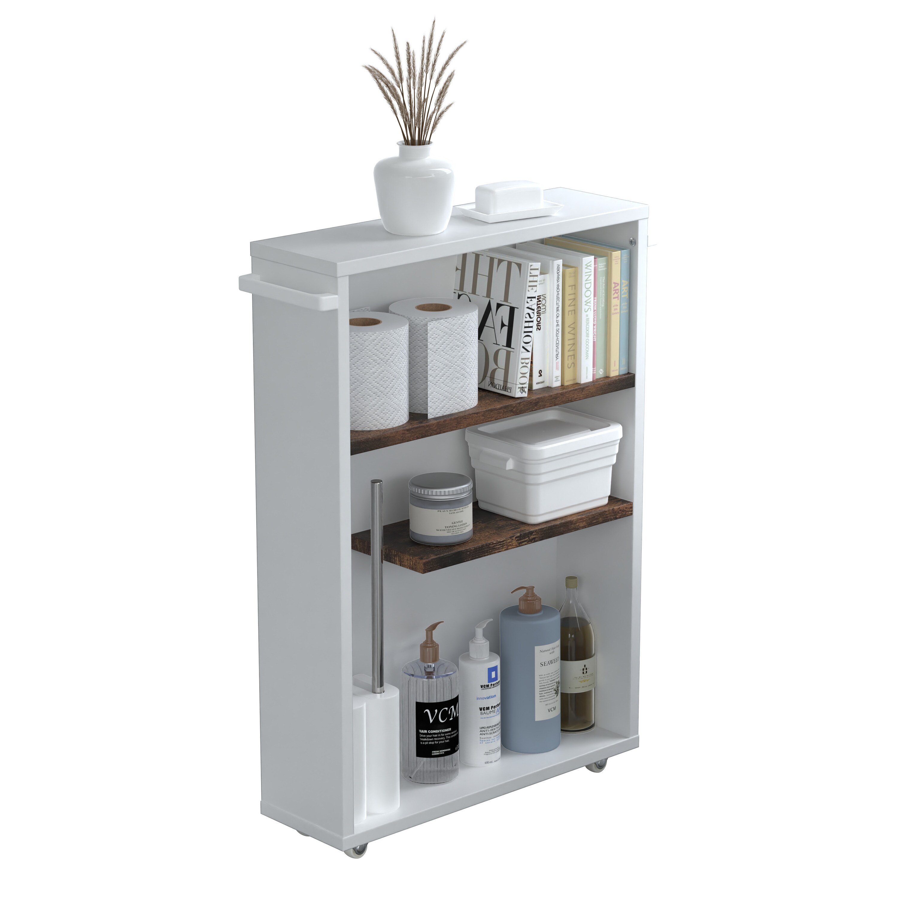 VCM Midischrank, schmaler Badschrank mit offenen F&auml;chern, platzsparendes Nischenregal mit Rollen, 61 x 20 x 45 cm, Nilari 