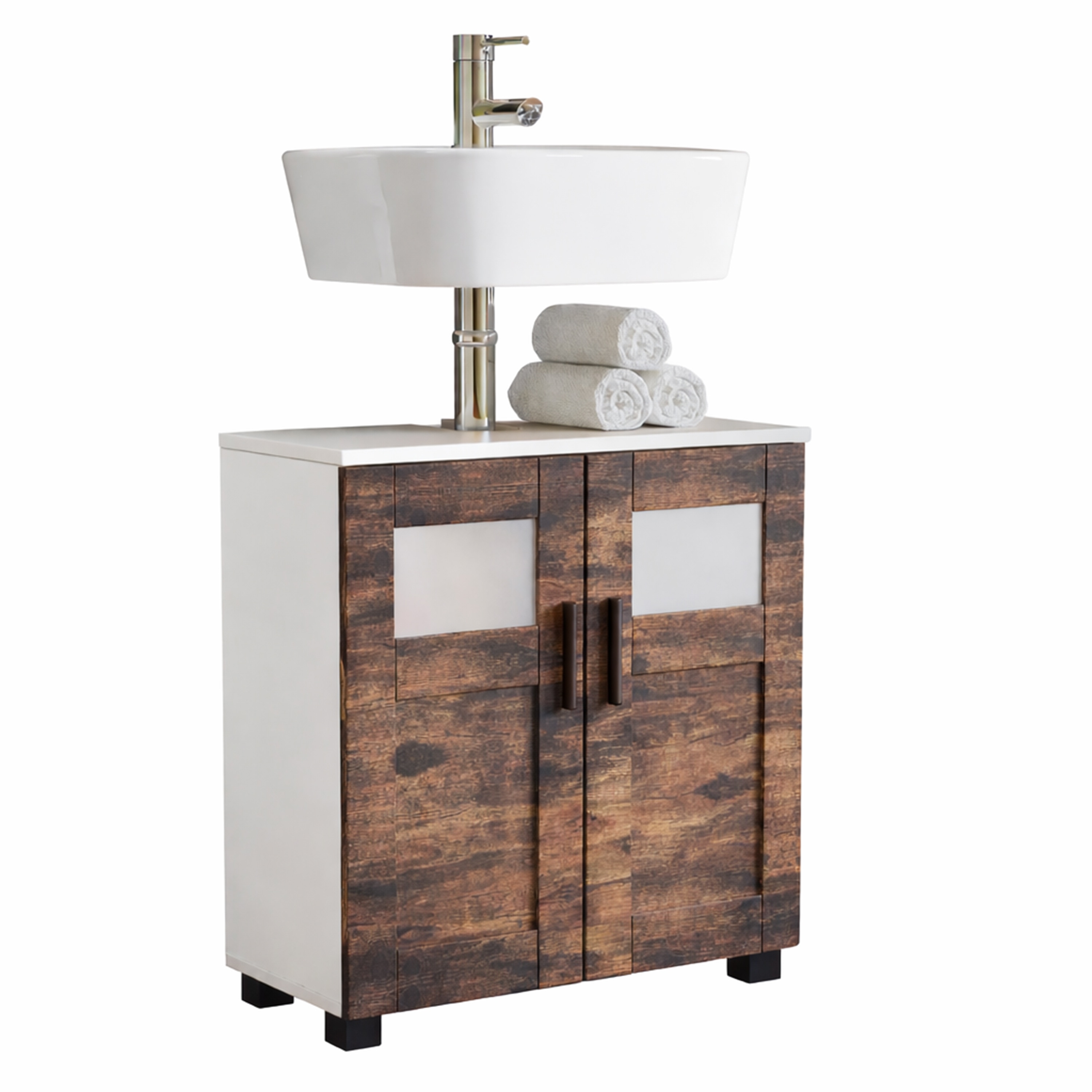 VCM Waschbeckenunterschrank, Holz Badschrank mit 2 Dreht&uuml;ren, H. 60 x B. 60 x T. 29 cm, Badunterschrank Nilari 