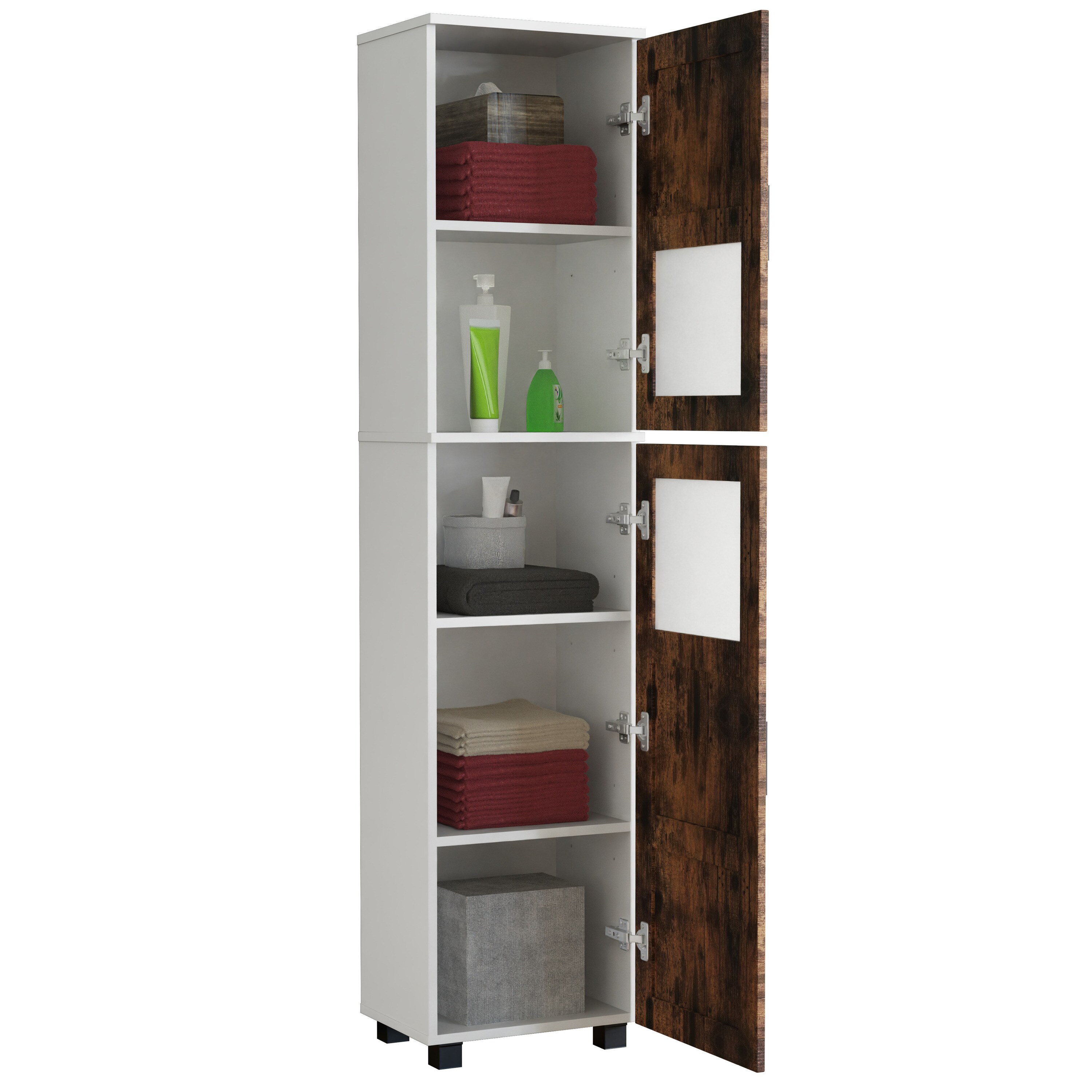 VCM Holz-Badezimmerschrank - Hochschrank mit zwei Dreht&uuml;ren, Ma&szlig;e ca. H. 165 x B. 38 x T. 28 cm, robustes Badm&ouml;bel f&uuml;r mehr Stauraum, Kommode Nilari 