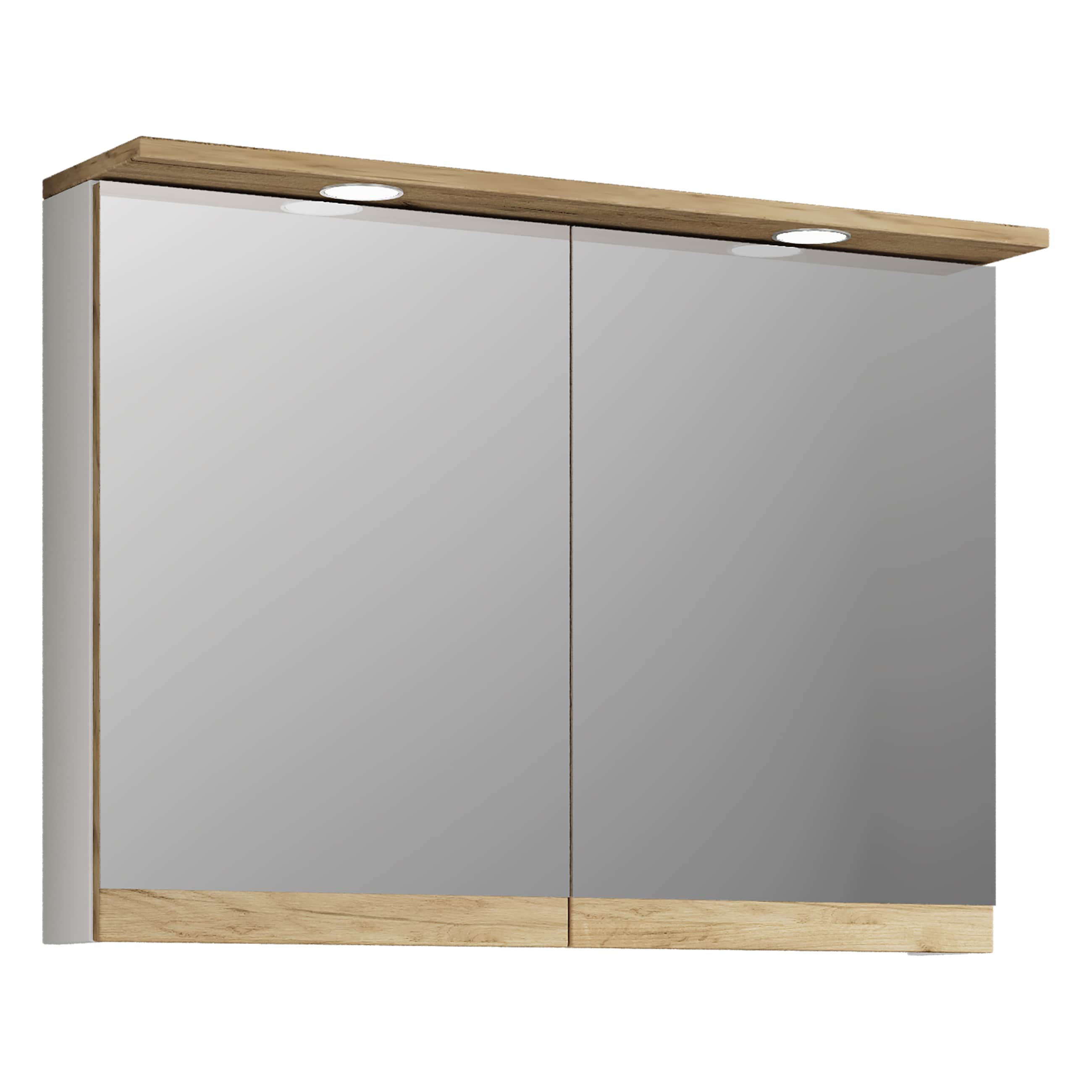 VCM Badspiegelschrank mit Beleuchtung und Steckdose &ndash; Spiegelschrank Bad mit 2 T&uuml;ren und 2 F&auml;chern &ndash; Badezimmerschrank h&auml;ngend &ndash; H. 59 x B. 80 x T. 23 cm, Cosila 