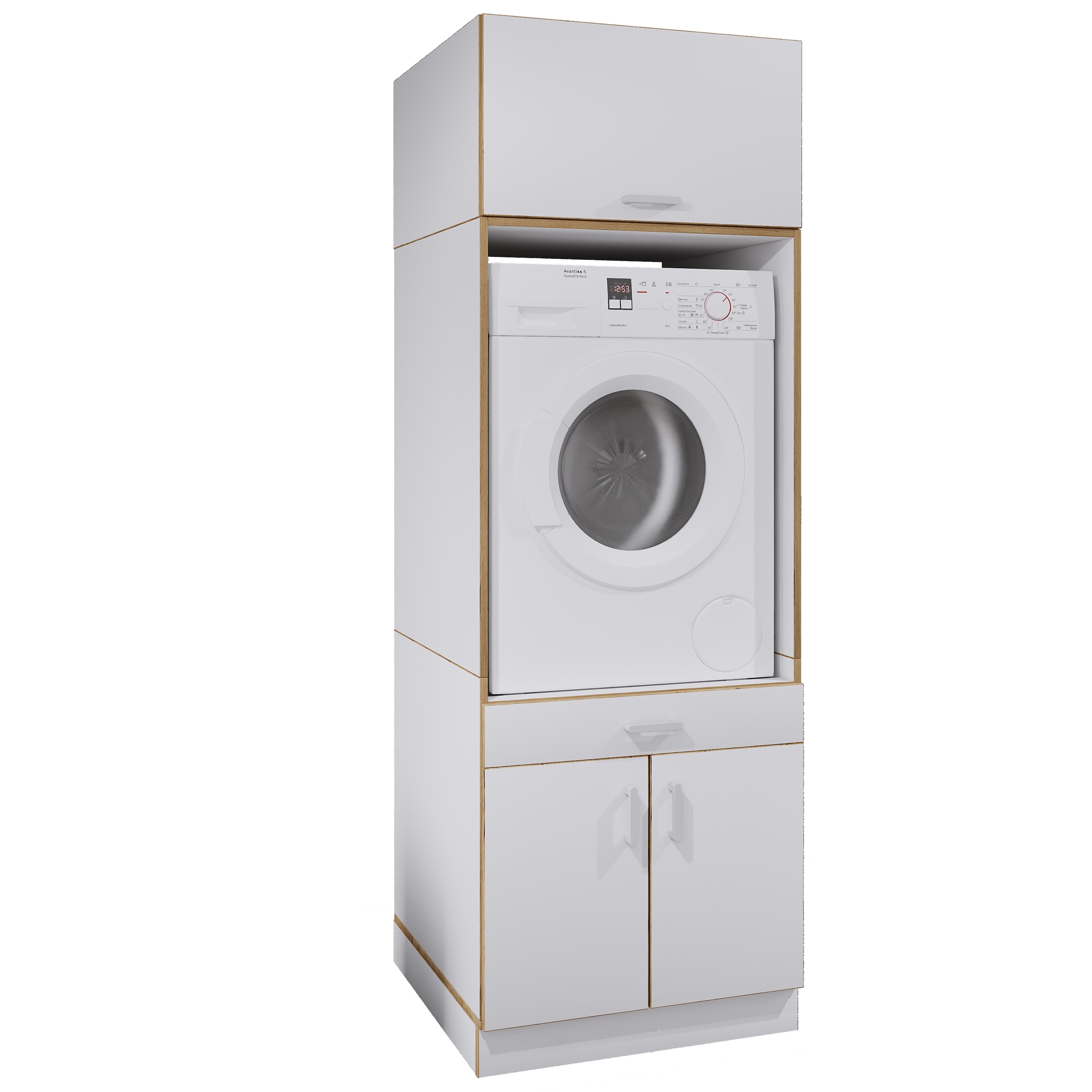 VCM Waschmaschinenschrank mit Unterschrank, Waschmaschinenumbau mit Stauraum hinter zwei Dreht&uuml;ren und einer Schublade, Ma&szlig;e: &Uuml;berbauschrank H. 200 x B. 67 x T. 68 cm, Rislo CL XXL 
