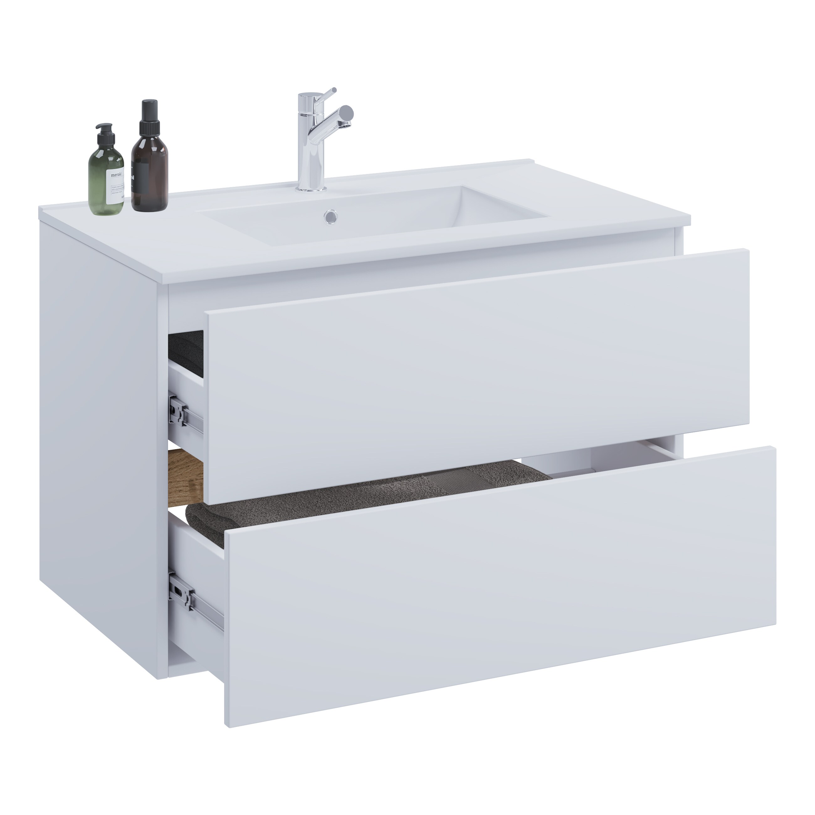VCM 2-tlg. Waschtisch mit Keramikbecken, Badschrank mit 2 Softclose-Schubladen, Ma&szlig;e Waschplatz Set: H. 51 x B. 81 x T. 47 cm, Cosila-I 