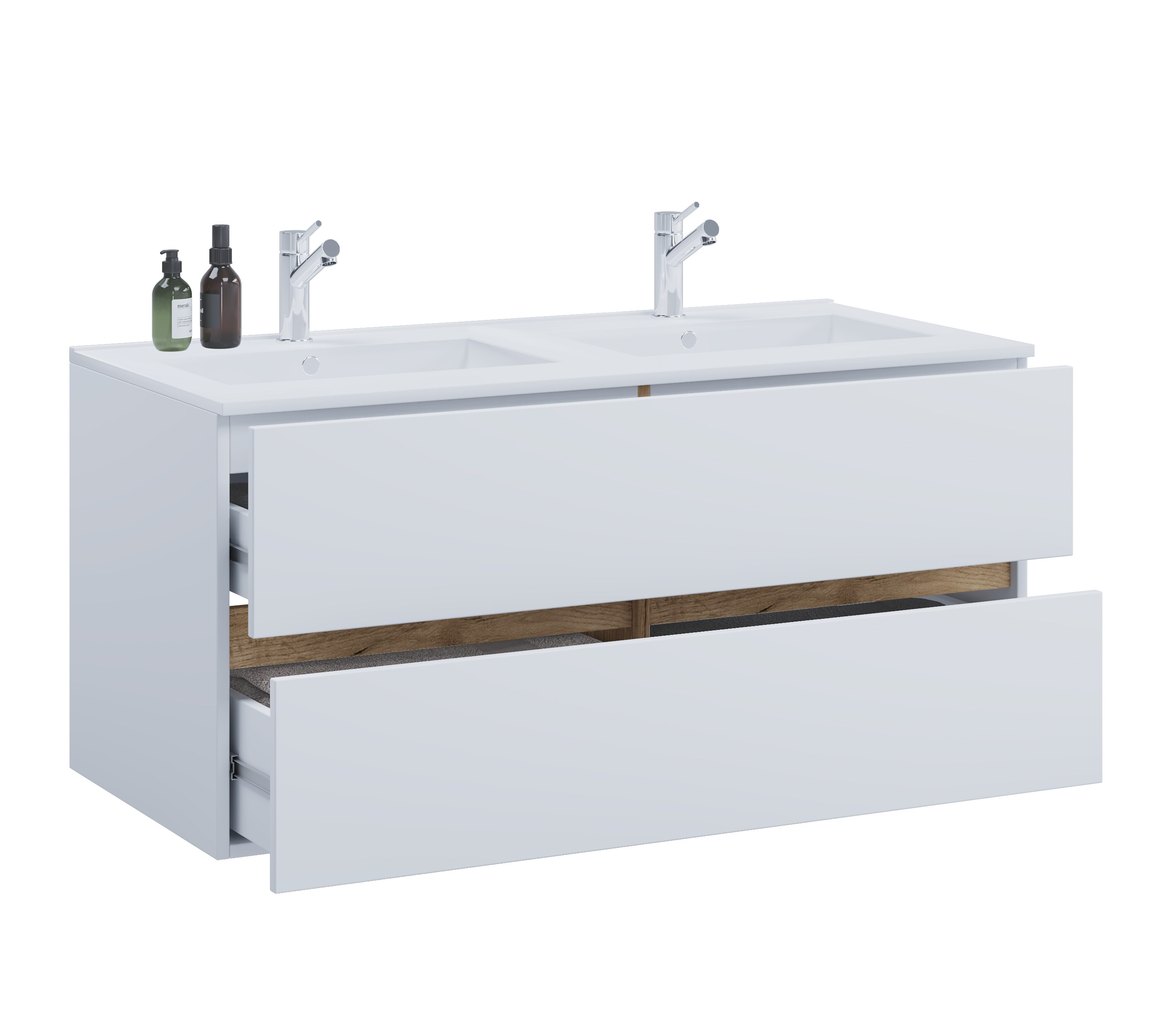 VCM 2-tlg. Doppelwaschtisch Cosila mit gro&szlig;em Keramikbecken &ndash; Badschrank mit 2 Softclose-Schubladen, Ma&szlig;e Waschplatz Set: H. 51 x B. 112 x T. 47 cm, Cosila-I 