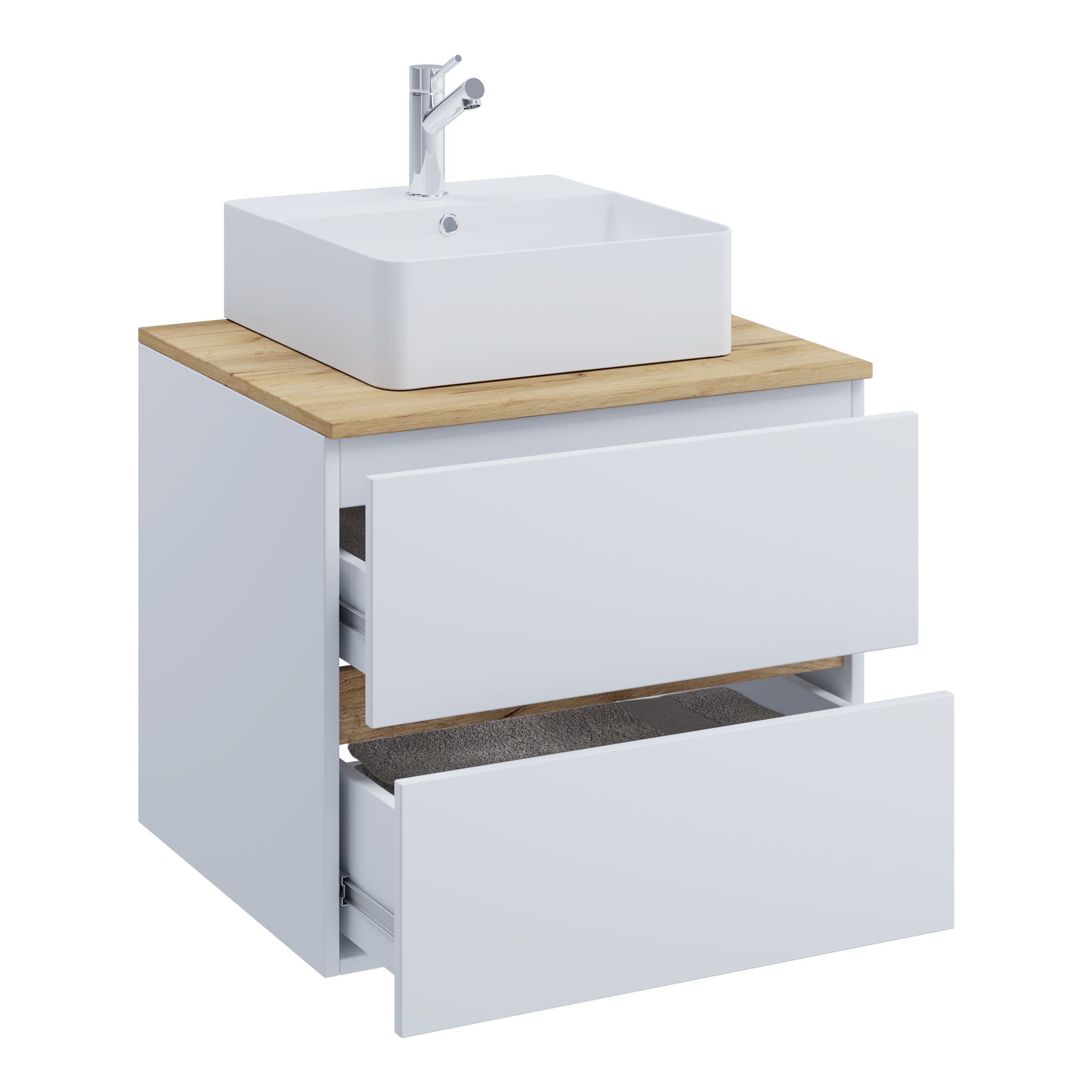 VCM 2-tlg. Waschtisch mit Aufsatz Keramikbecken, Badschrank mit 2 Softclose-Schubladen, Ma&szlig;e Waschplatz Set: H. 51 x B. 60 x T. 47 cm, Cosila-A 