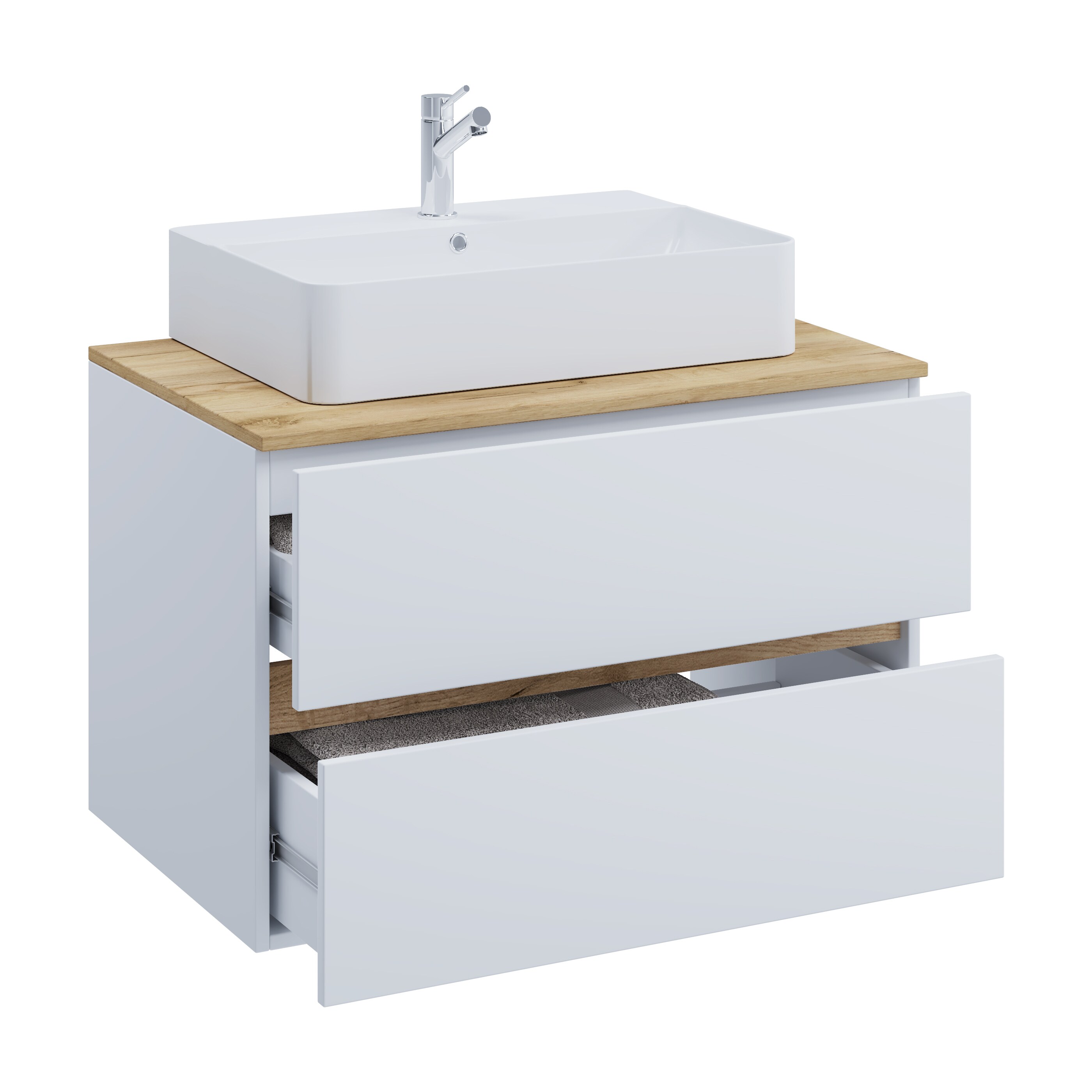 VCM 2-tlg. Waschtisch mit Keramik Aufsatzbecken, Badschrank mit 2 Softclose-Schubladen, Ma&szlig;e Waschplatz Set: H. 51 x B. 80 x T. 47 cm, Cosila-A 