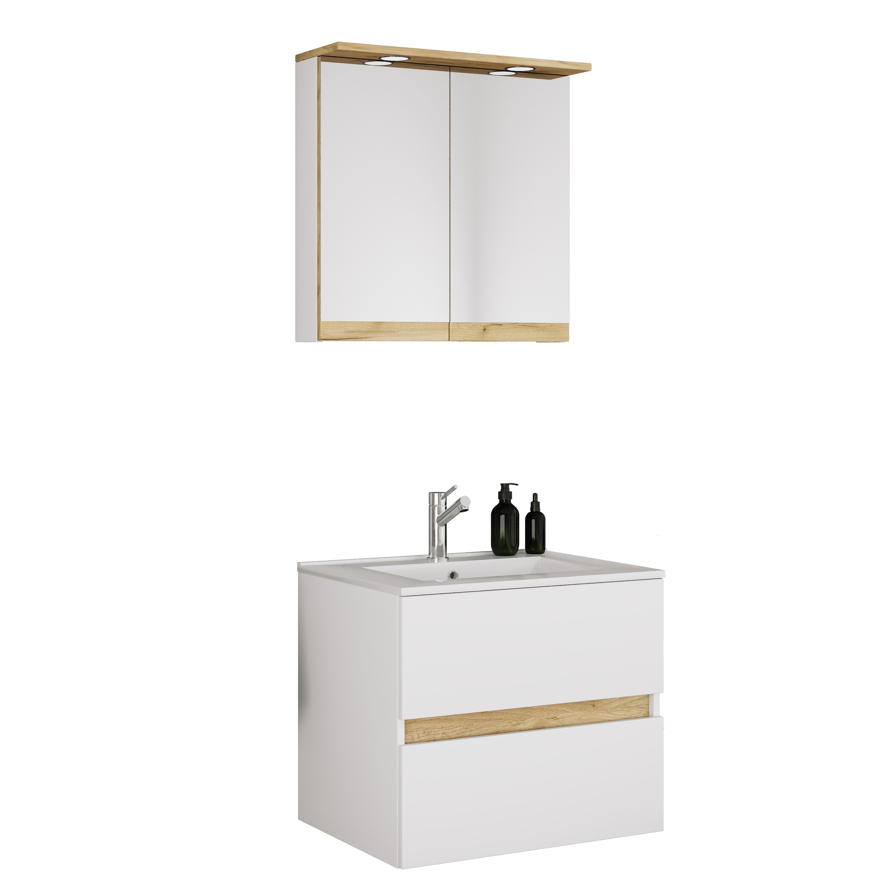 VCM 3-tlg. Waschtisch Set mit Keramikbecken, Badschrank mit 2 Softclose-Schubladen, Spiegelschrank mit Beleuchtung und Steckdose, Ma&szlig;e Unterschrank H. 51 x B. 61 x T. 47 cm, Cosila-I 