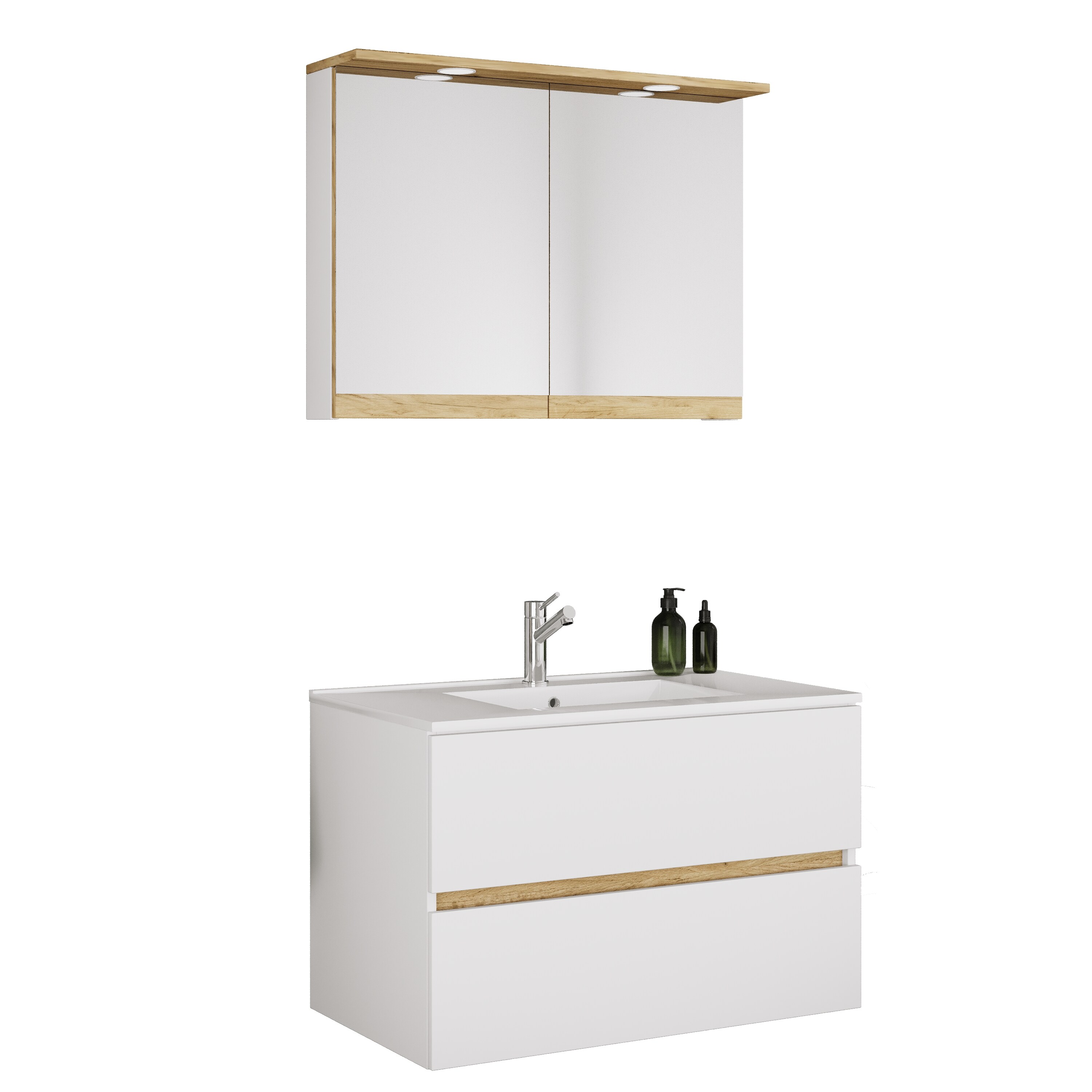 VCM 3-tlg. Waschtisch Set mit Keramikbecken, Badschrank mit 2 Softclose-Schubladen, Spiegelschrank mit Beleuchtung und Steckdose, Ma&szlig;e Unterschrank H. 51 x B. 81 x T. 47 cm, Cosila-I 