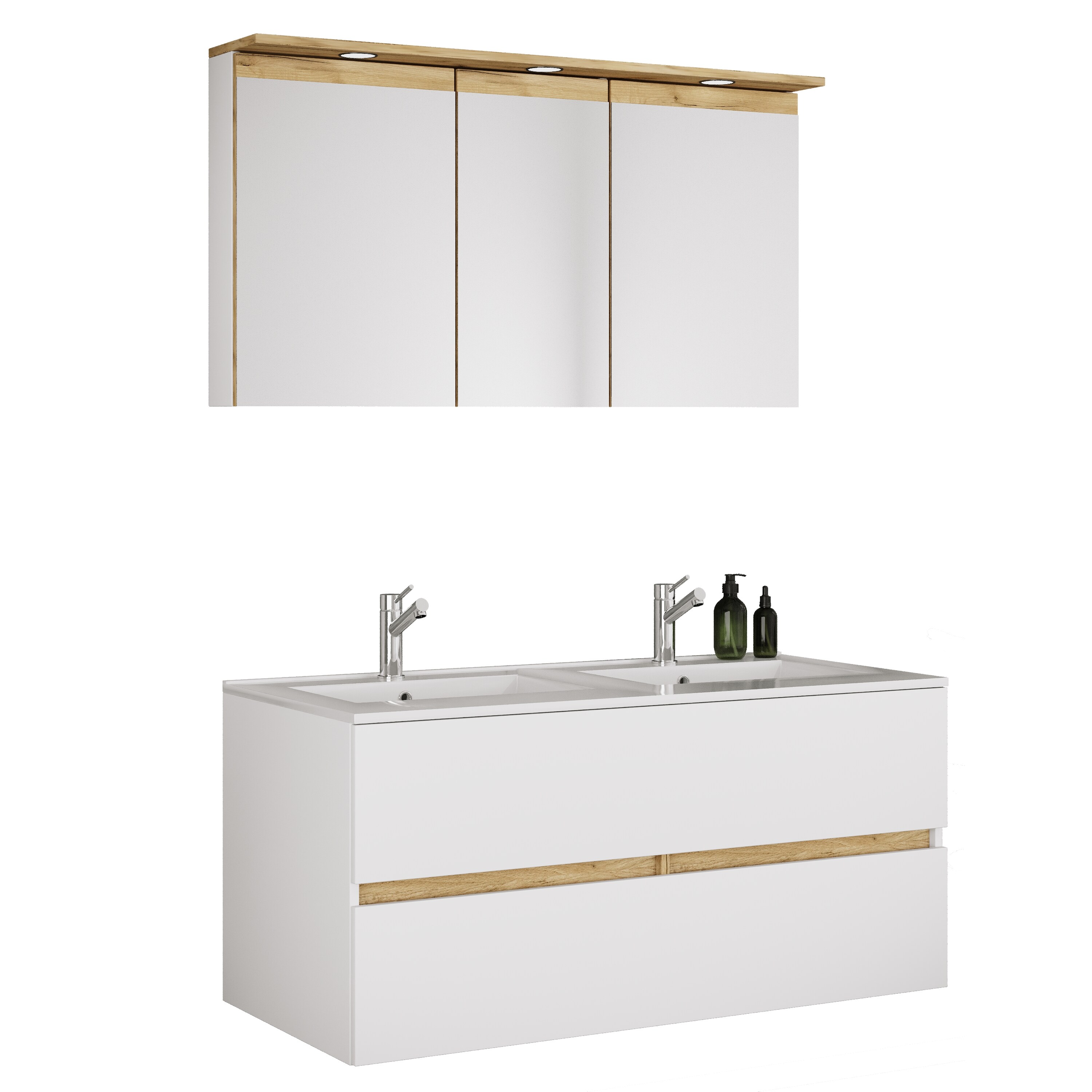 VCM 3-tlg. Doppelwaschtisch Cosila mit Doppel Keramikbecken &ndash; Badschrank  H. 51 x B. 111 x T. 51 cm mit 2 Softclose-Schubladen, Spiegelschrank mit Beleuchtung & Steckdose, Waschplatz Set Cosila-I 