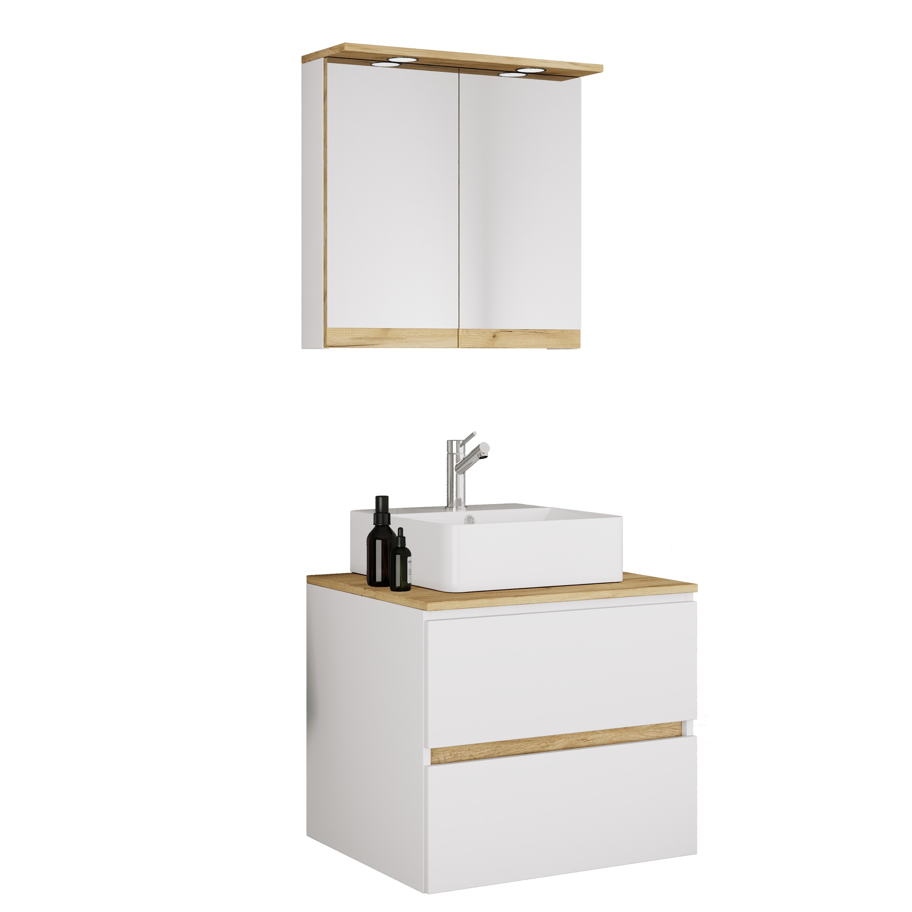 VCM 3-tlg. Waschtisch Set mit Keramikbecken, Badschrank mit 2 Softclose-Schubladen, Spiegelschrank mit Beleuchtung und Steckdose, Ma&szlig;e Unterschrank H. 51 x B. 60 x T. 51 cm, Cosila-A 