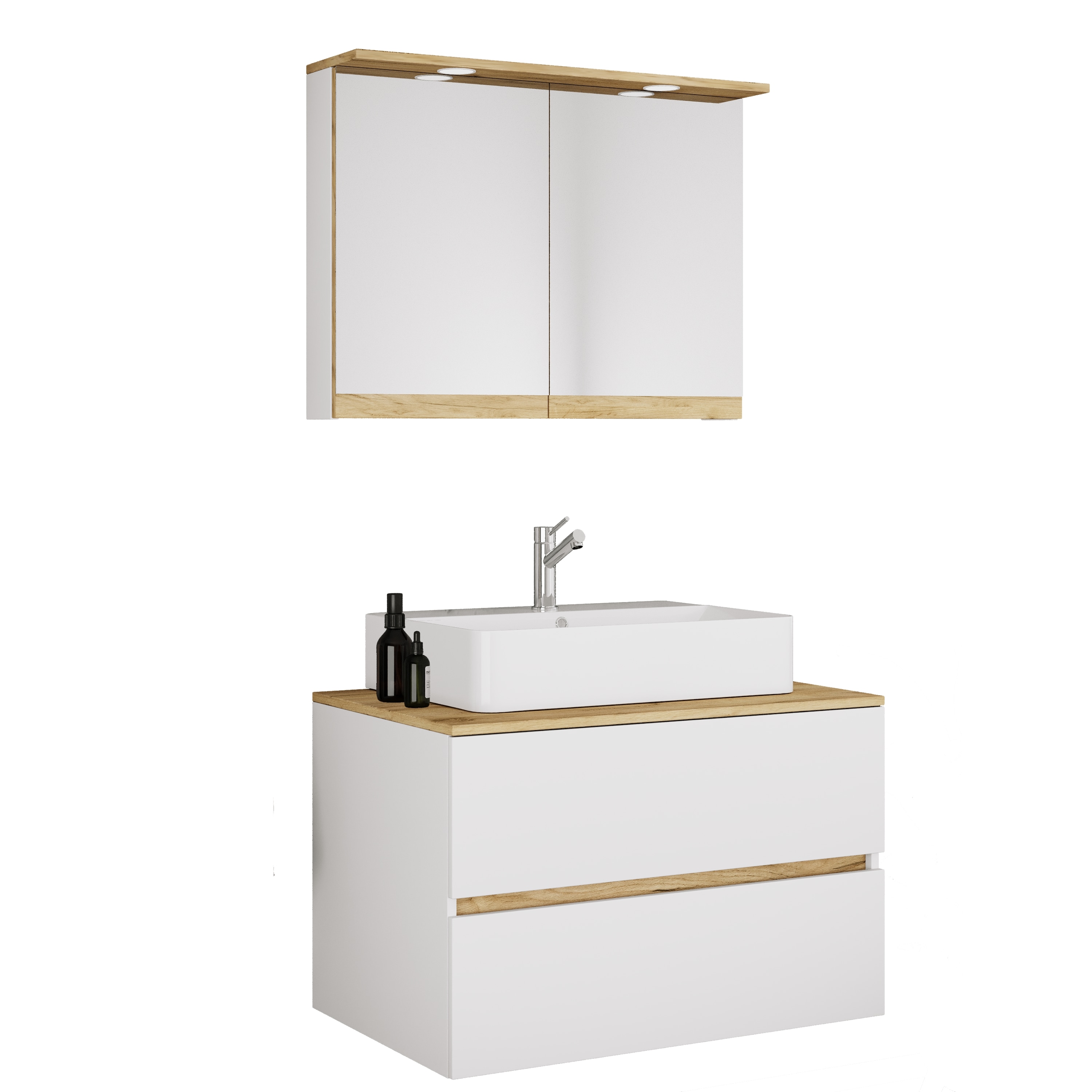 VCM 3-tlg. Waschtisch Set mit Keramikbecken, Badschrank mit 2 Softclose-Schubladen, Spiegelschrank mit Beleuchtung und Steckdose, Ma&szlig;e Unterschrank H. 51 x B. 80 x T. 51 cm, Cosila-A 
