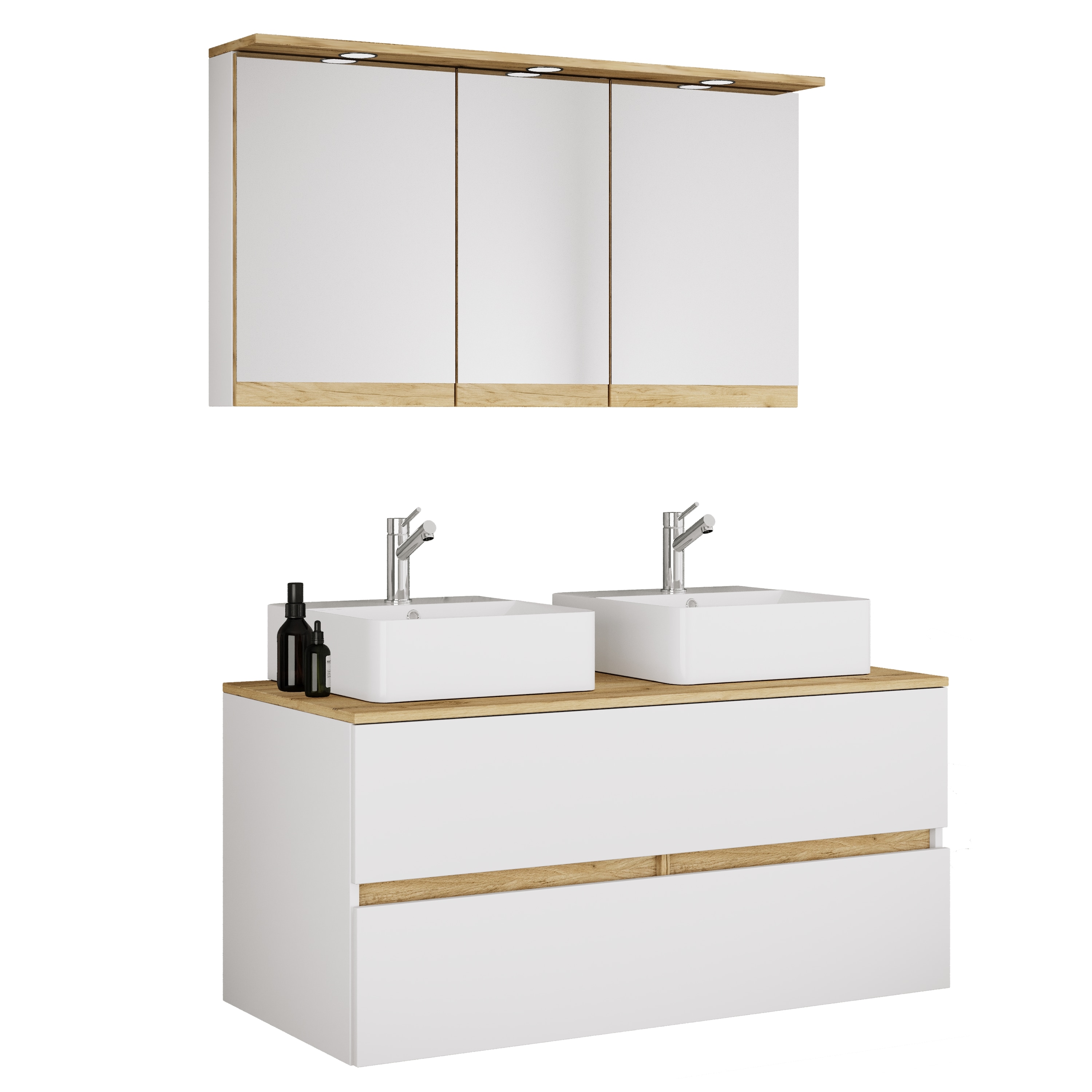 VCM 4-tlg. Doppelwaschtisch Cosila mit 2 Keramikbecken &ndash; Badschrank  H. 51 x B. 111 x T. 51 cm mit 2 Softclose-Schubladen, Spiegelschrank mit Beleuchtung & Steckdose, Waschplatz Set Cosila-A 