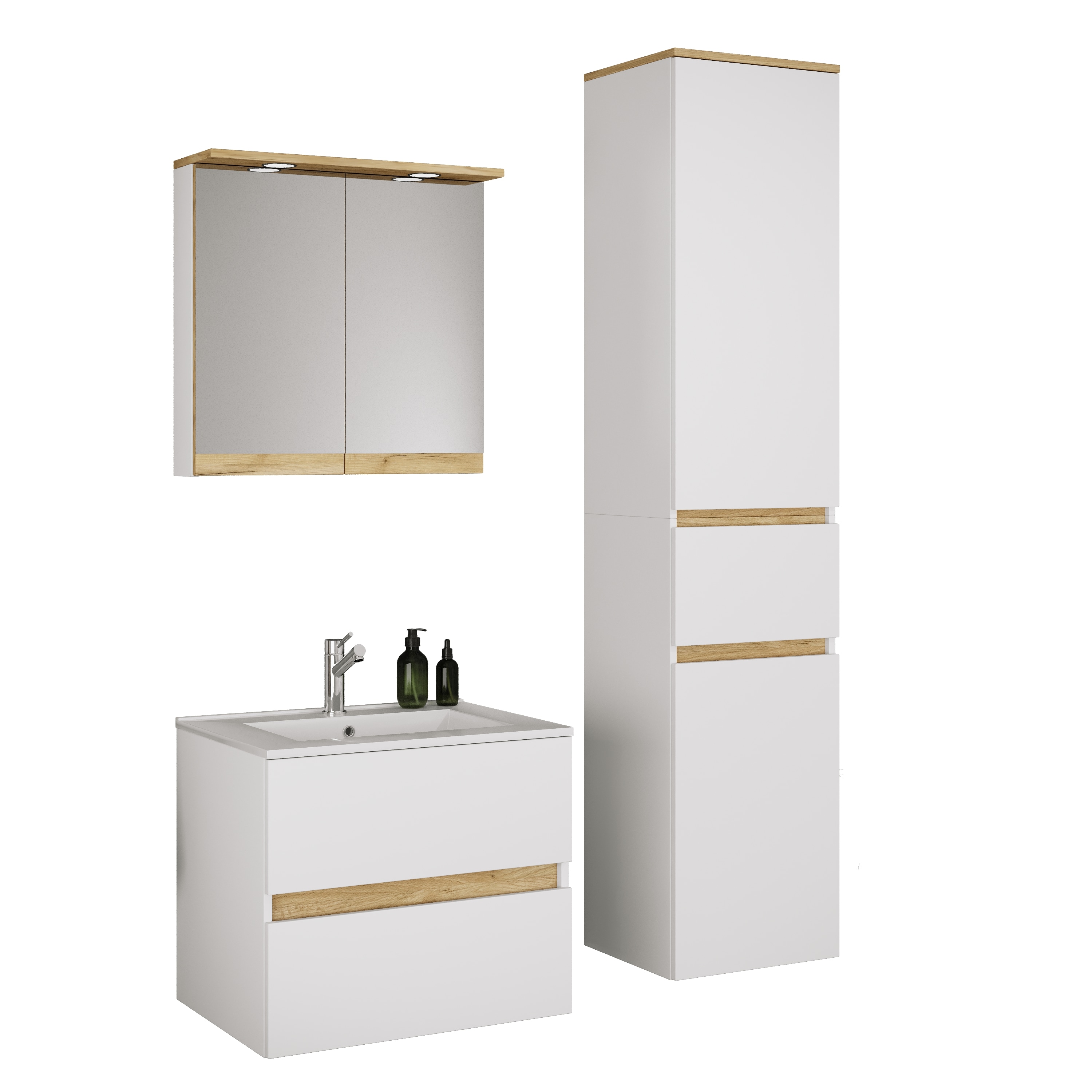 VCM 4-tlg. Waschtisch Set mit Keramikbecken, Badschrank mit 2 Softclose-Schubladen, Hochschrank, Spiegelschrank mit Beleuchtung und Steckdose, Ma&szlig;e Unterschrank H. 51 x B. 61 x T. 47 cm, Cosila-I 
