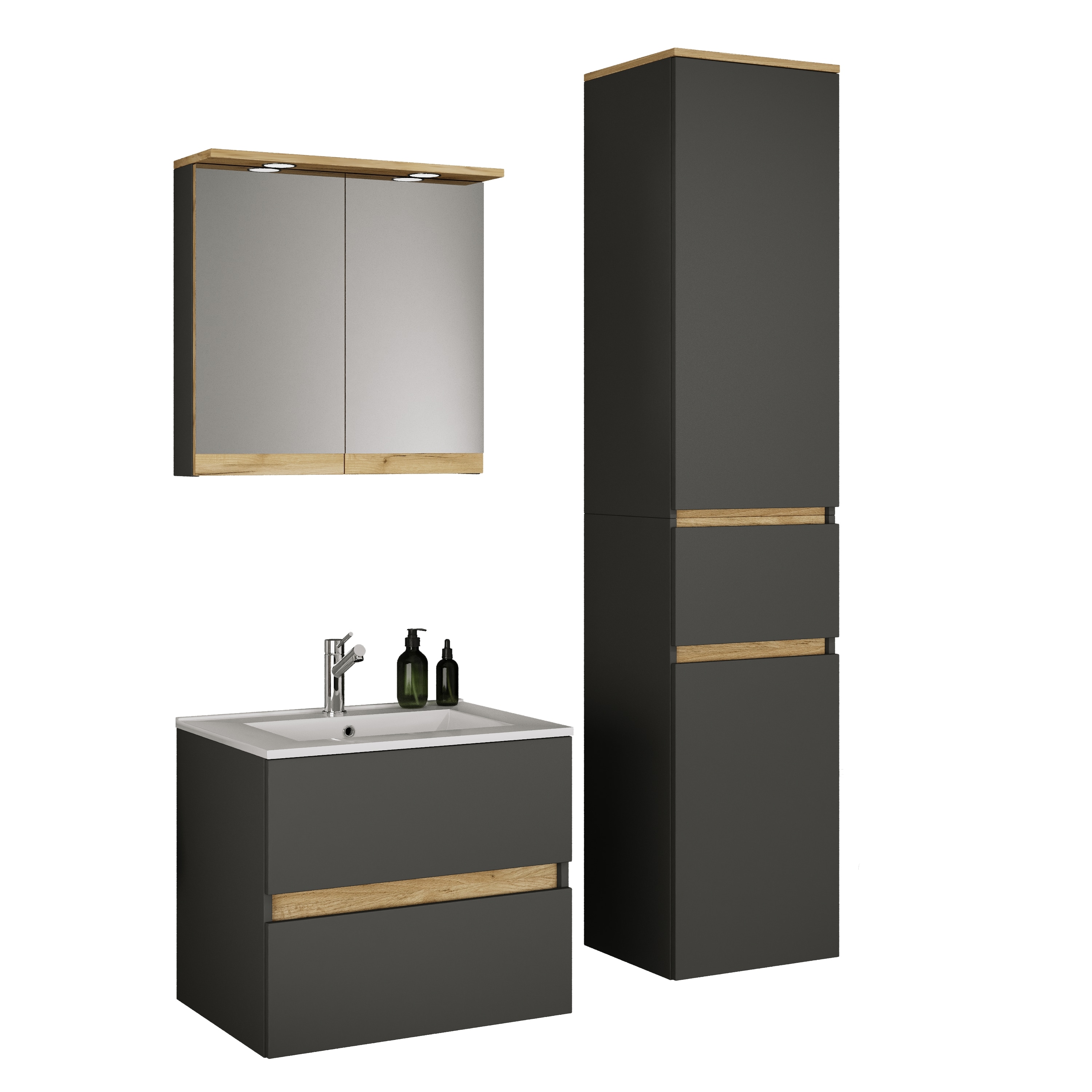 VCM 4-tlg. Waschtisch Set mit Keramikbecken, Badschrank mit 2 Softclose-Schubladen, Hochschrank, Spiegelschrank mit Beleuchtung und Steckdose, Ma&szlig;e Unterschrank H. 51 x B. 61 x T. 47 cm, Cosila-I 