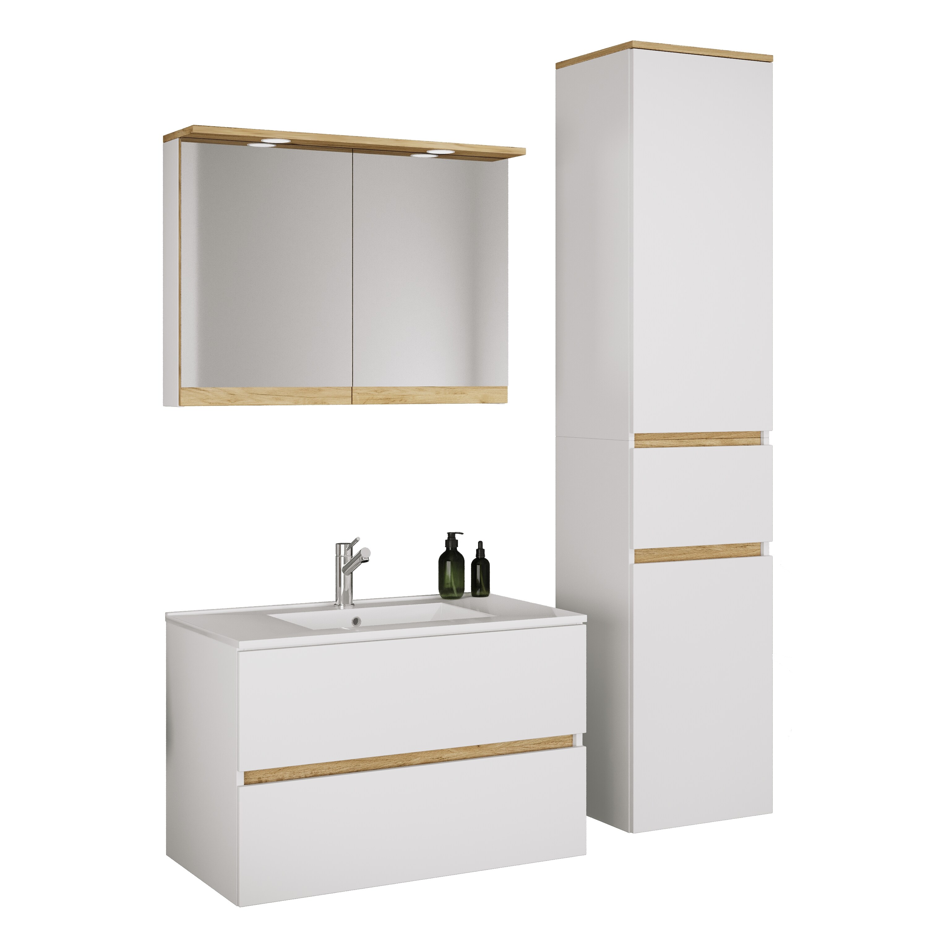 VCM 4-tlg. Waschtisch Set mit Keramikbecken, Badschrank mit 2 Softclose-Schubladen, Hochschrank, Spiegelschrank mit Beleuchtung und Steckdose, Ma&szlig;e Unterschrank H. 51 x B. 81 x T. 47 cm, Cosila-I 