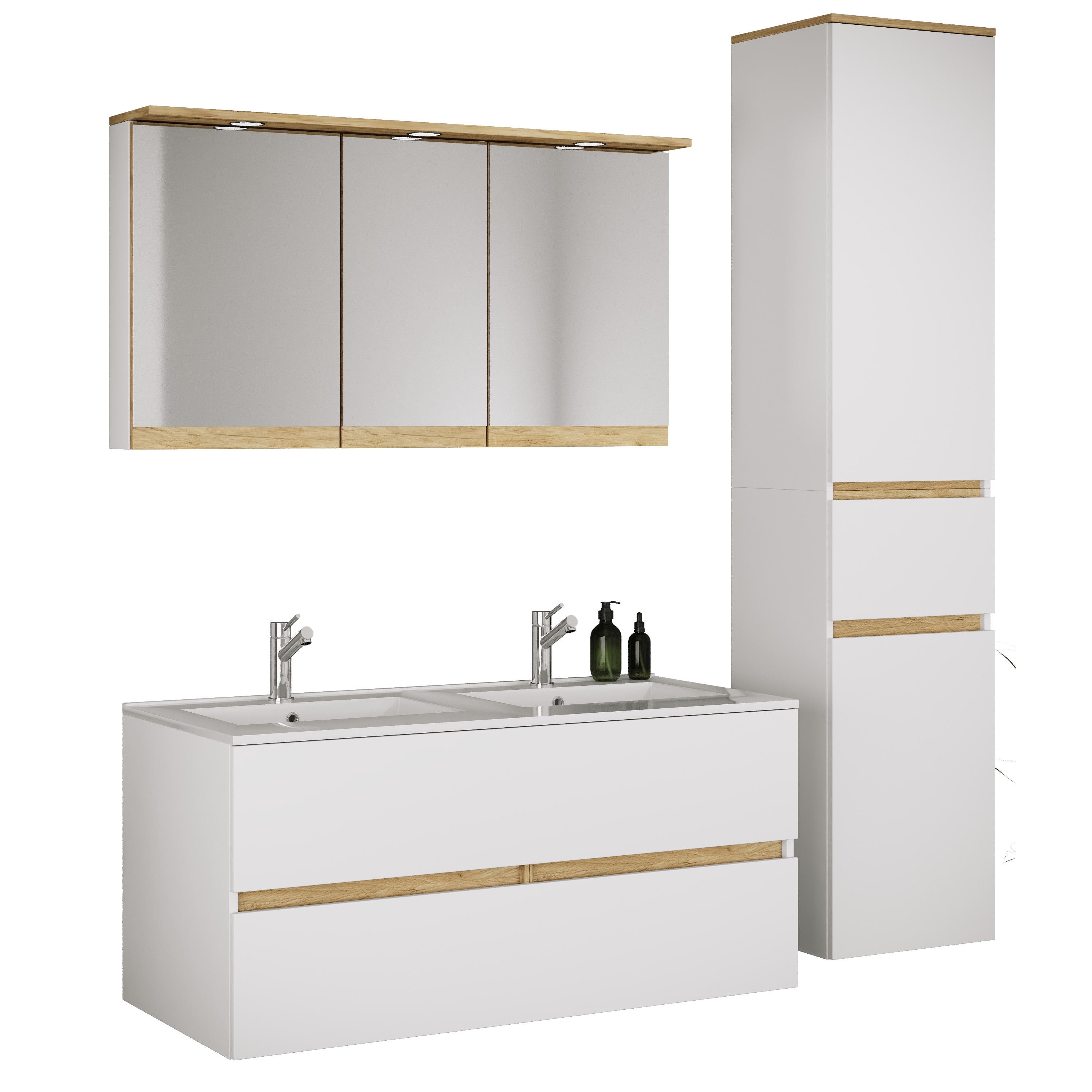 VCM 4-tlg. Doppelwaschtisch Cosila mit Doppel Keramikbecken &ndash; Badschrank H. 51 x B. 111 x T. 51 cm mit 2 Softclose-Schubladen, Spiegelschrank mit Beleuchtung & Steckdose und Hochschrank Cosila-I 