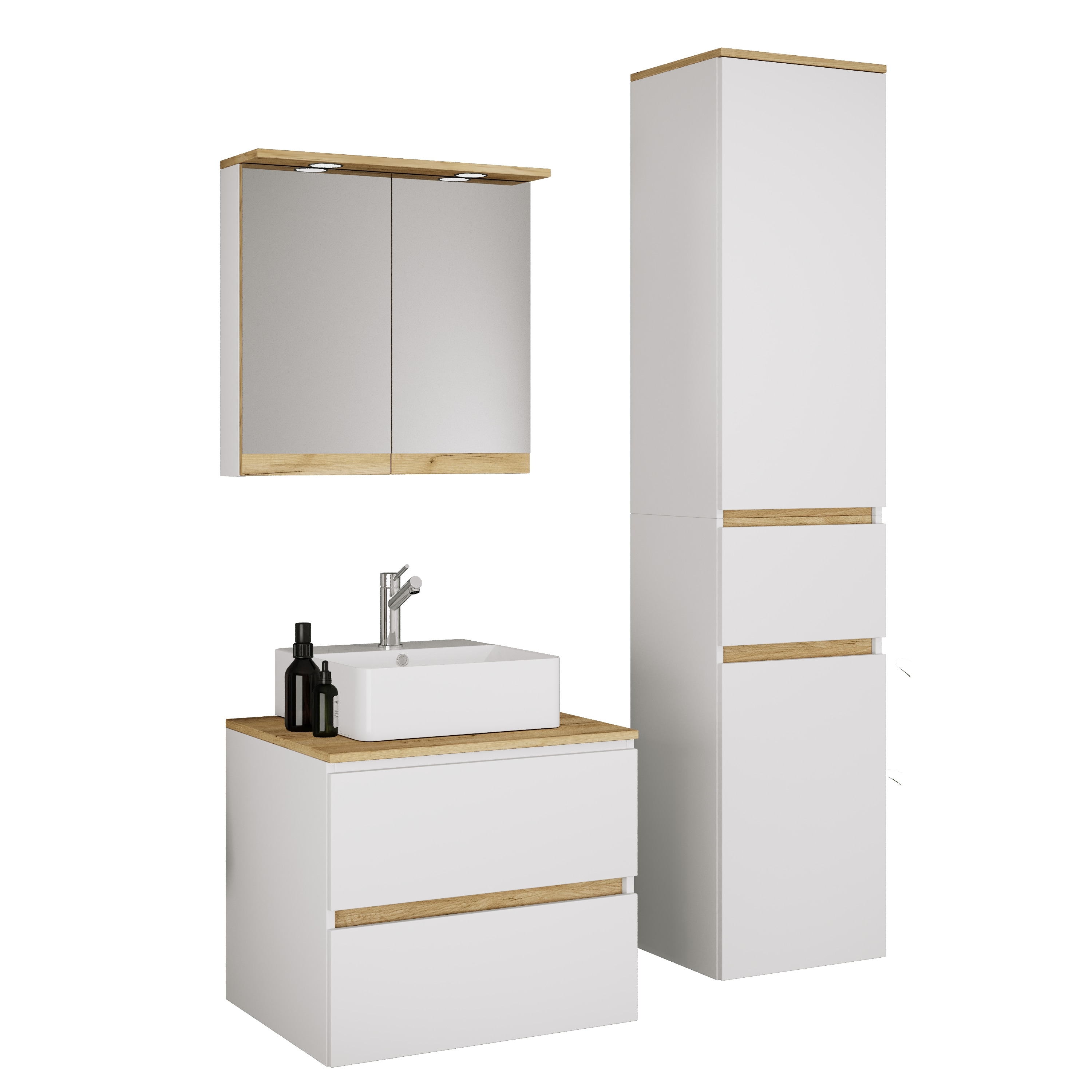 VCM 4-tlg. Waschtisch Set mit Keramikbecken, Badschrank mit 2 Softclose-Schubladen, Hochschrank, Spiegelschrank mit Beleuchtung und Steckdose, Ma&szlig;e Unterschrank H. 51 x B. 60 x T. 51 cm, Cosila-A 