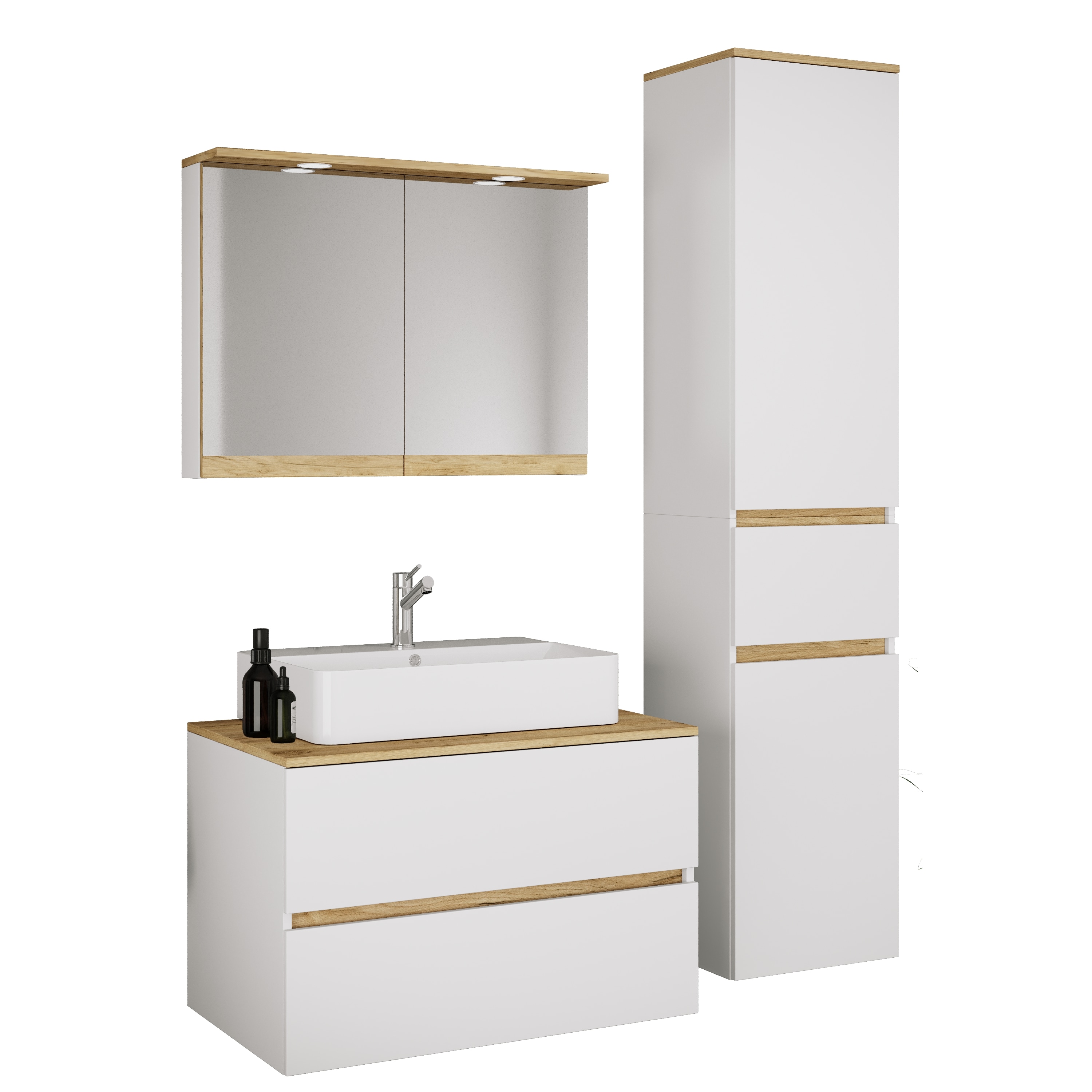 VCM 4-tlg. Waschtisch Set mit Keramikbecken, Badschrank mit 2 Softclose-Schubladen, Hochschrank, Spiegelschrank mit Beleuchtung und Steckdose, Ma&szlig;e Unterschrank H. 51 x B. 80 x T. 51 cm, Cosila-A 