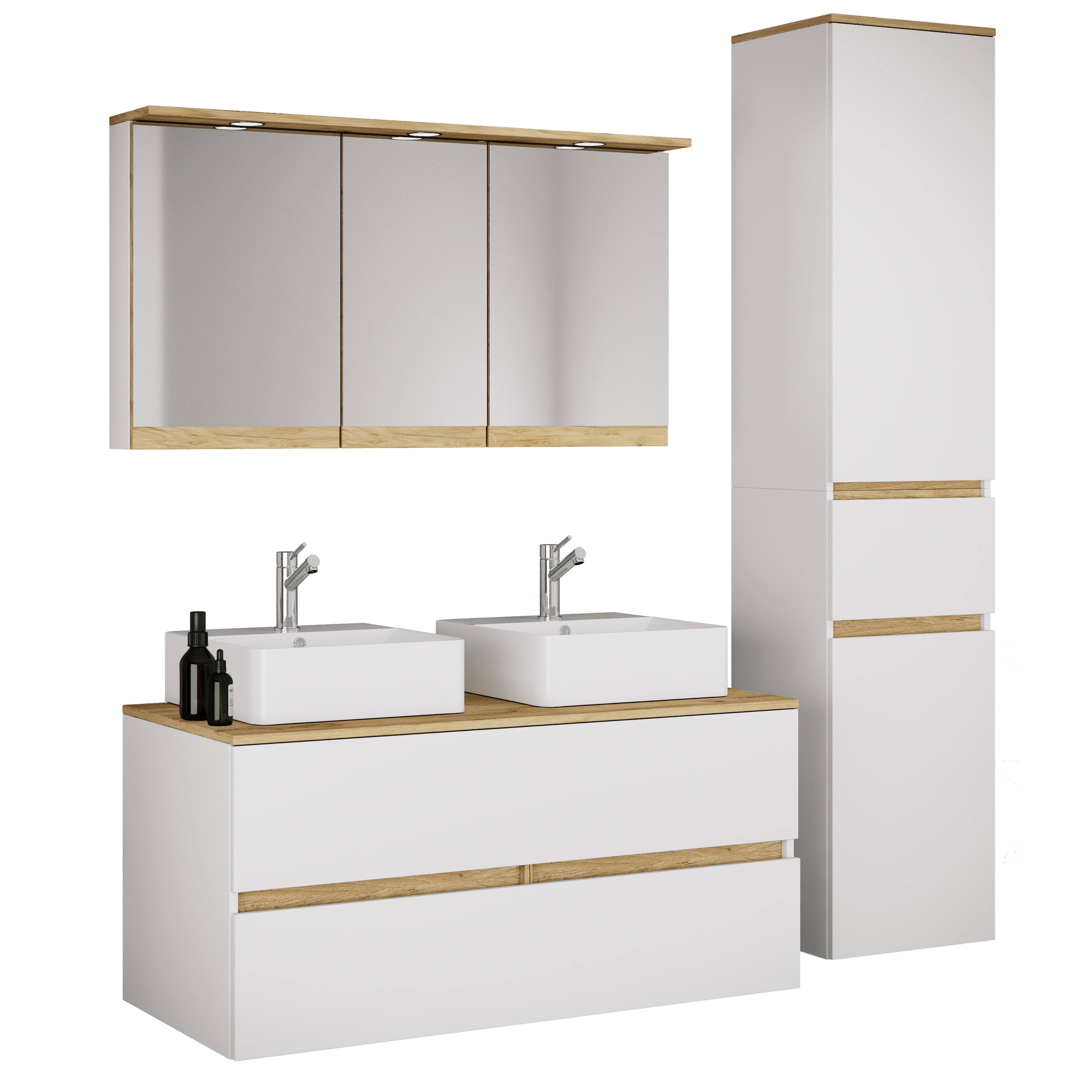 VCM 5-tlg. Doppelwaschtisch Cosila mit 2 Keramikbecken &ndash; Badschrank H. 51 x B. 111 x T. 51 cm mit 2 Softclose-Schubladen, Spiegelschrank mit Beleuchtung & Steckdose und Hochschrank Cosila-A 
