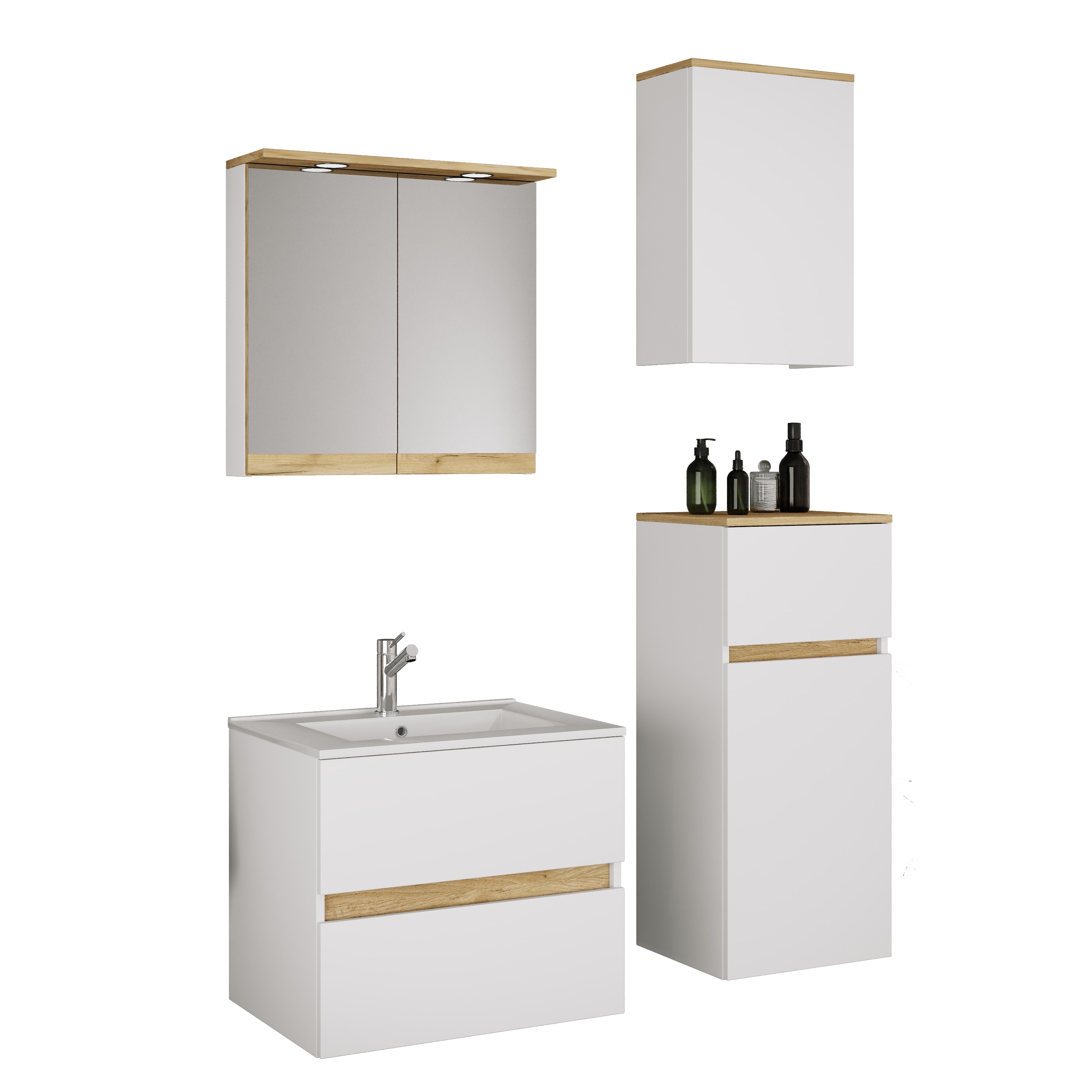 VCM 5-tlg. Waschtisch Set mit Keramikbecken, Badschrank mit 2 Softclose-Schubladen, Midischrank, H&auml;ngeschrank, Spiegelschrank mit Beleuchtung und Steckdose, Ma&szlig;e Unterschrank H. 51 x B. 61 x T. 47 cm, Cosila-I 