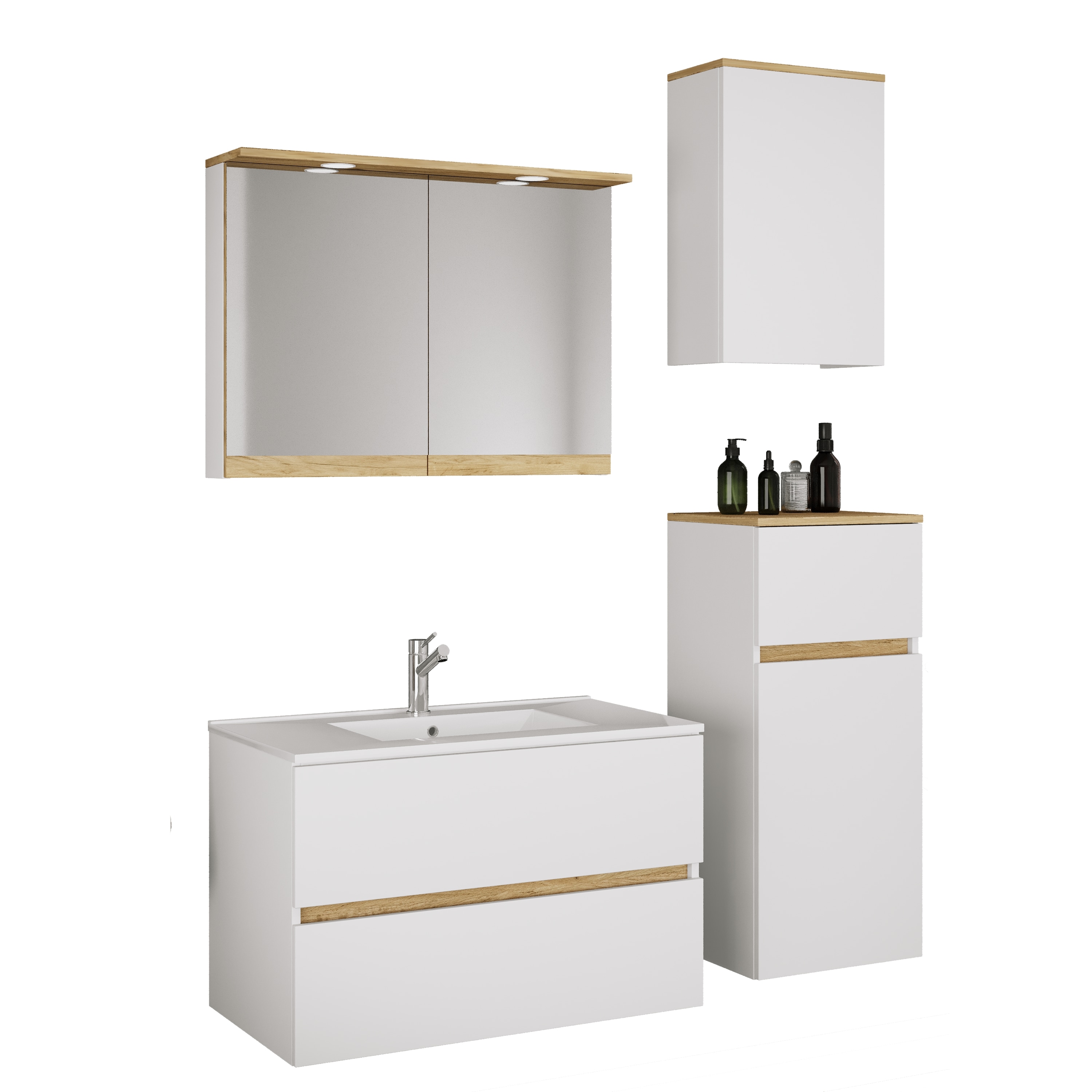 VCM 5-tlg. Waschtisch Set mit Keramikbecken, Badschrank mit 2 Softclose-Schubladen, Midischrank, H&auml;ngeschrank, Spiegelschrank mit Beleuchtung und Steckdose, Ma&szlig;e Unterschrank H. 51 x B. 81 x T. 47 cm, Cosila-I 