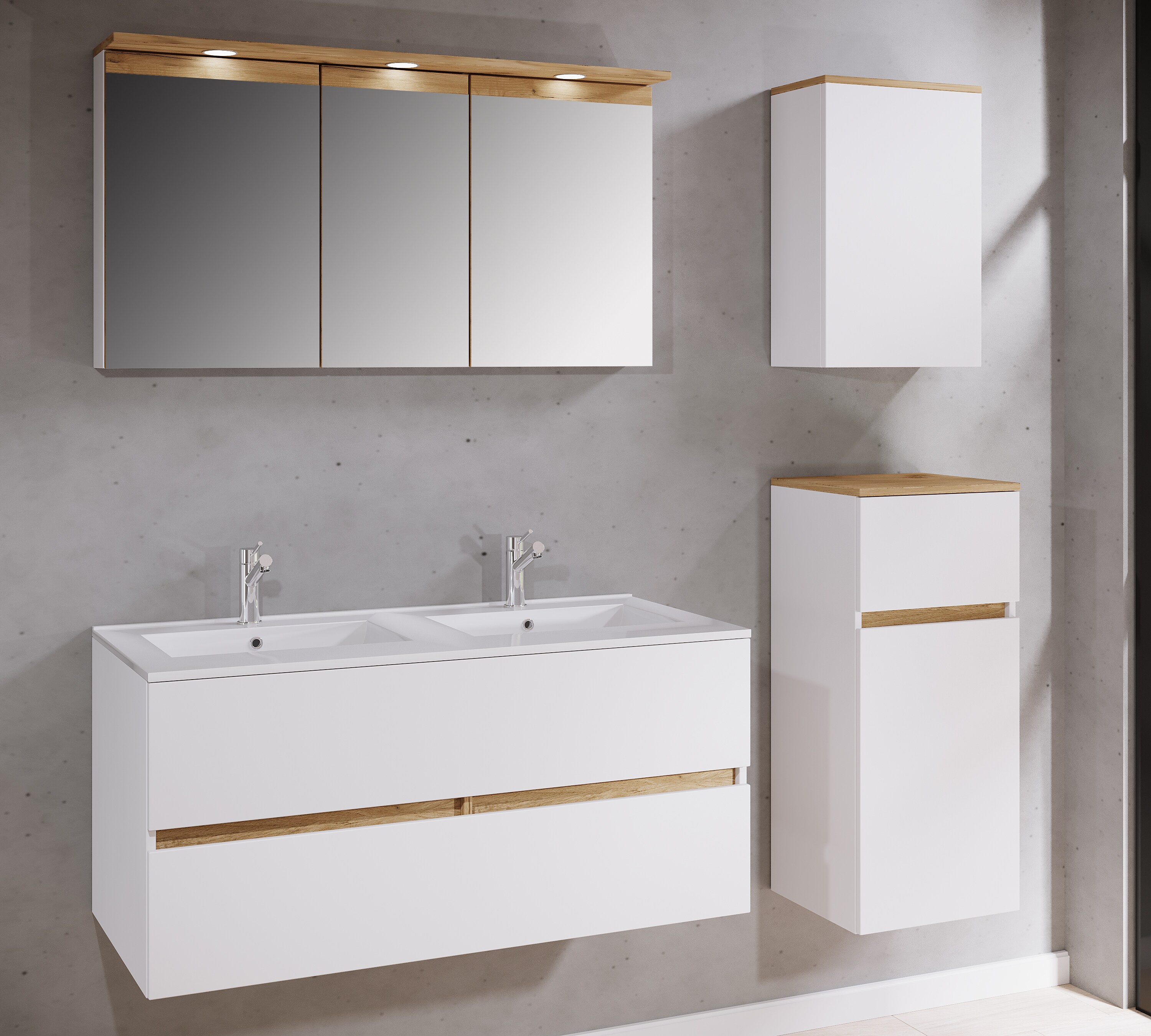 VCM 5-tlg. Doppelwaschtisch Cosila mit Doppel Keramikbecken &ndash; Badschrank  H. 51 x B. 111 x T. 51 cm mit 2 Softclose-Schubladen, Spiegelschrank mit Beleuchtung & Steckdose, Midi und H&auml;ngeschrank, Waschplatz Set Cosila-I 