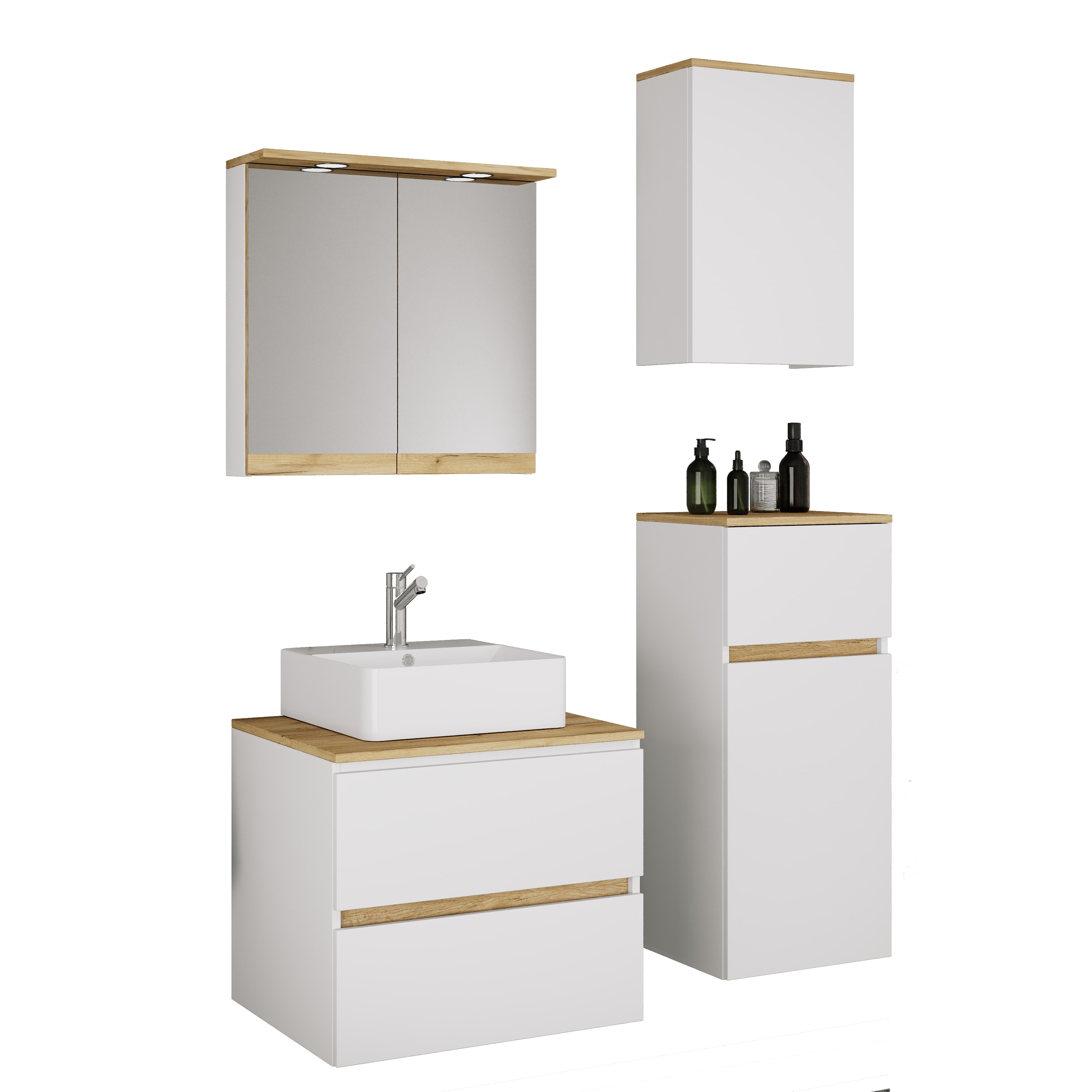VCM 5-tlg. Waschtisch Set mit Keramikbecken, Badschrank mit 2 Softclose-Schubladen, Midischrank, H&auml;ngeschrank, Spiegelschrank mit Beleuchtung und Steckdose, Ma&szlig;e Unterschrank H. 51 x B. 60 x T. 47 cm, Cosila-A 