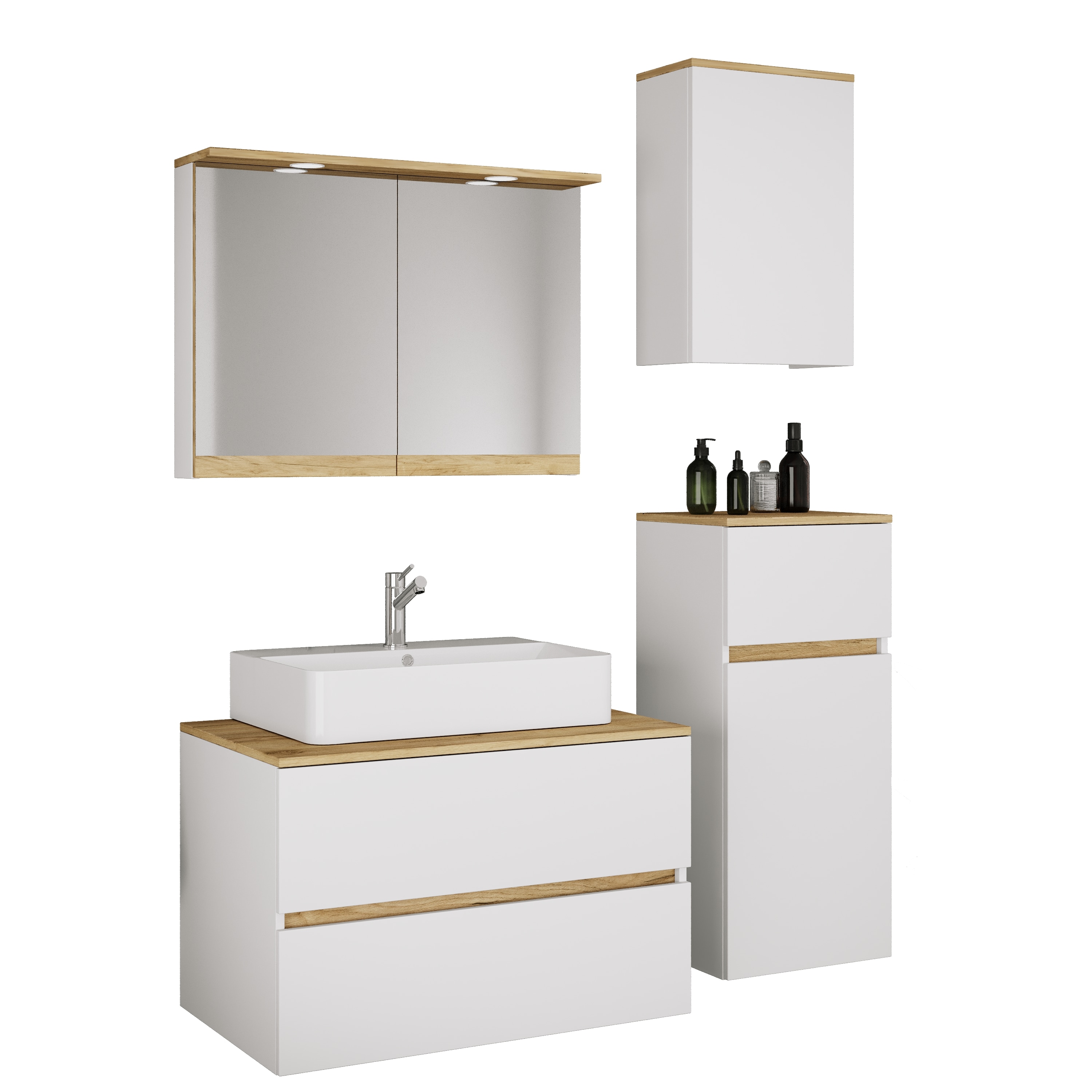 VCM 5-tlg. Waschtisch Set mit Keramikbecken, Badschrank mit 2 Softclose-Schubladen, Midischrank, H&auml;ngeschrank, Spiegelschrank mit Beleuchtung und Steckdose, Ma&szlig;e Unterschrank H. 51 x B. 80 x T. 47 cm, Cosila-A 