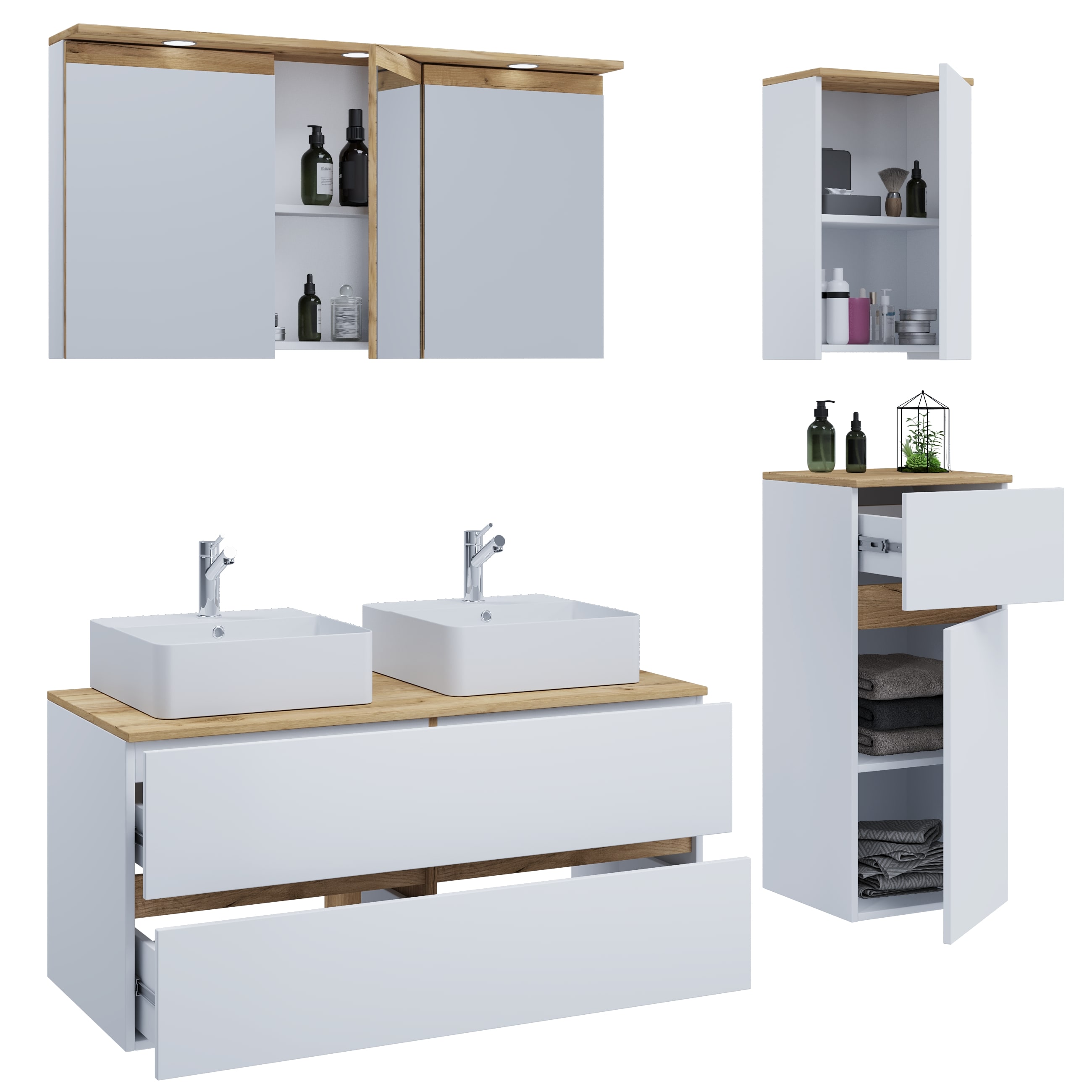 VCM 6-tlg. Doppelwaschtisch Cosila mit 2 Keramikbecken &ndash; Badschrank  H. 51 x B. 111 x T. 51 cm mit 2 Softclose-Schubladen, Spiegelschrank mit Beleuchtung & Steckdose, Midi und H&auml;ngeschrank, Waschplatz Set Cosila-A 