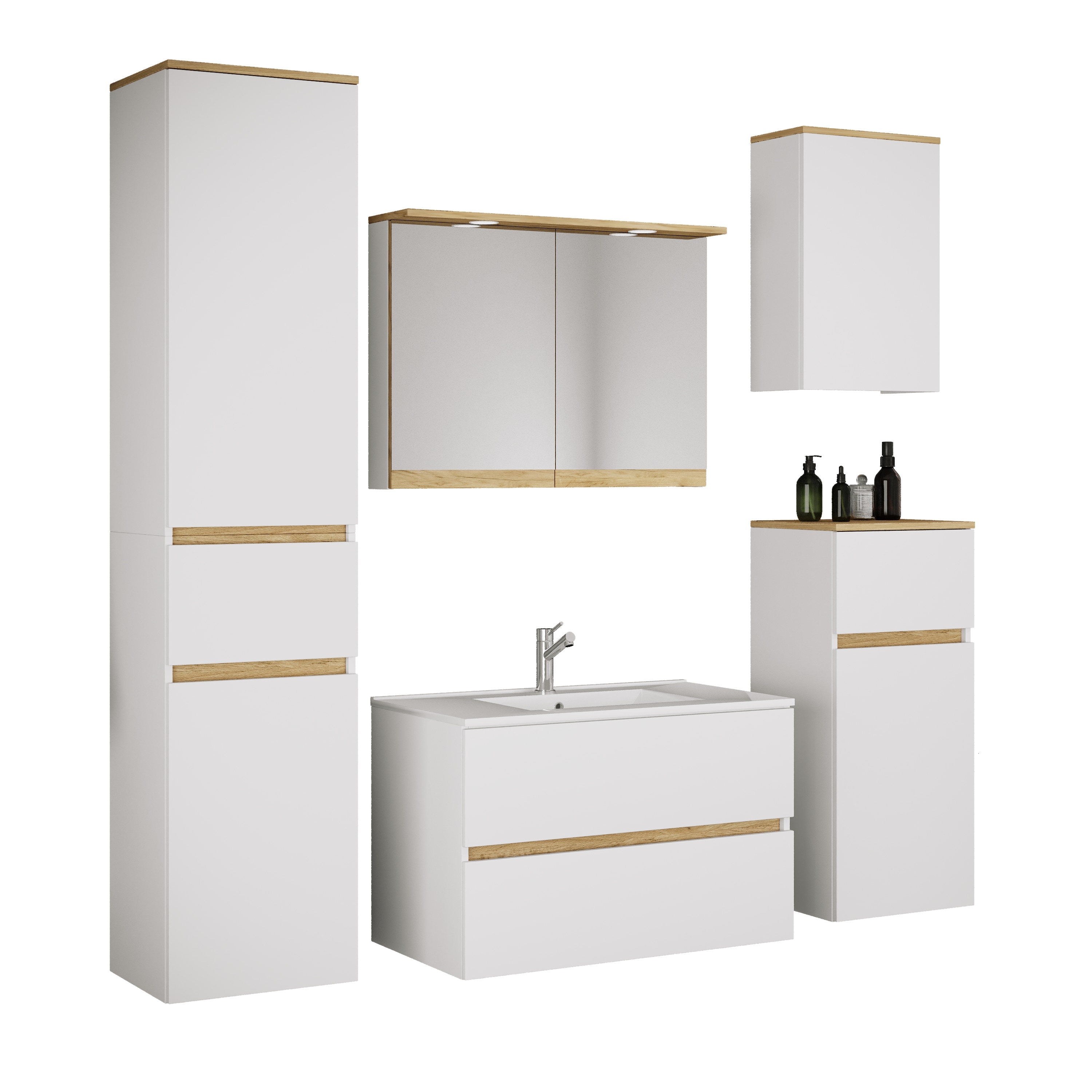 VCM 6-tlg. Waschtisch Set mit Keramikbecken, Badschrank mit 2 Softclose-Schubladen, Hochschrank, Midischrank, H&auml;ngeschrank, Spiegelschrank mit Beleuchtung und Steckdose, Ma&szlig;e Unterschrank H. 51 x B. 61 x T. 47 cm, Cosila-I 