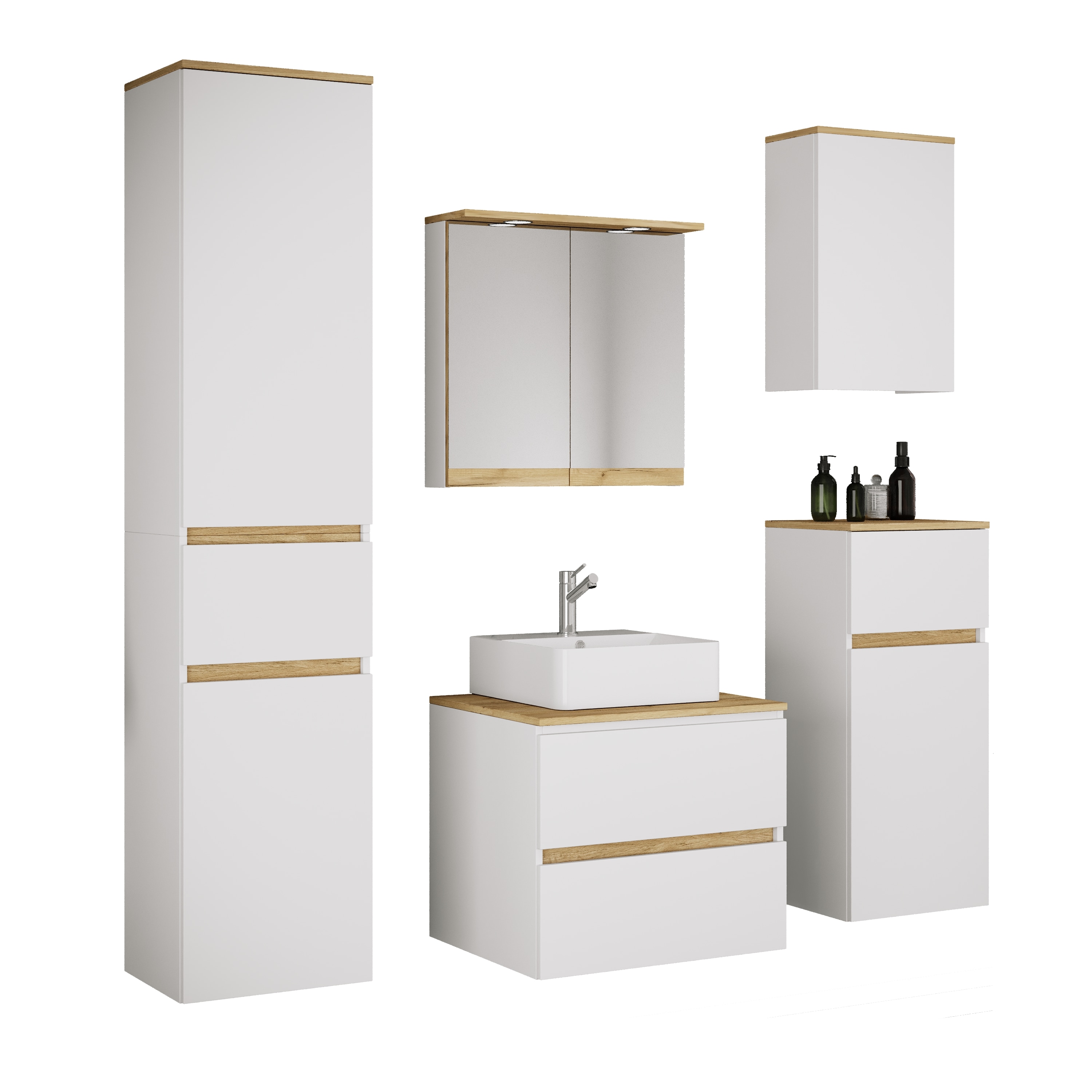 VCM 6-tlg. Waschtisch Set mit Keramikbecken, Badschrank mit 2 Softclose-Schubladen, Hochschrank, Midischrank, H&auml;ngeschrank, Spiegelschrank mit Beleuchtung und Steckdose, Ma&szlig;e Unterschrank H. 51 x B. 60 x T. 51 cm, Cosila-A 