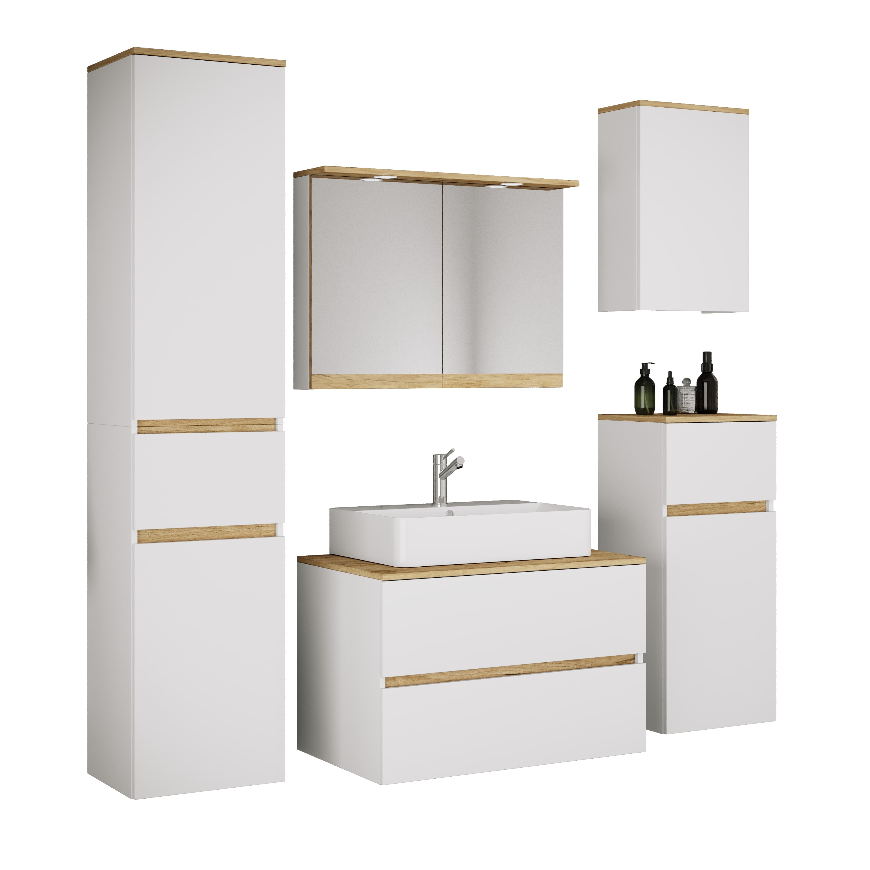 VCM 6-tlg. Waschtisch Set mit Keramikbecken, Badschrank mit 2 Softclose-Schubladen, Hochschrank, Midischrank, H&auml;ngeschrank, Spiegelschrank mit Beleuchtung und Steckdose, Ma&szlig;e Unterschrank H. 51 x B. 80 x T. 51 cm, Cosila-A 