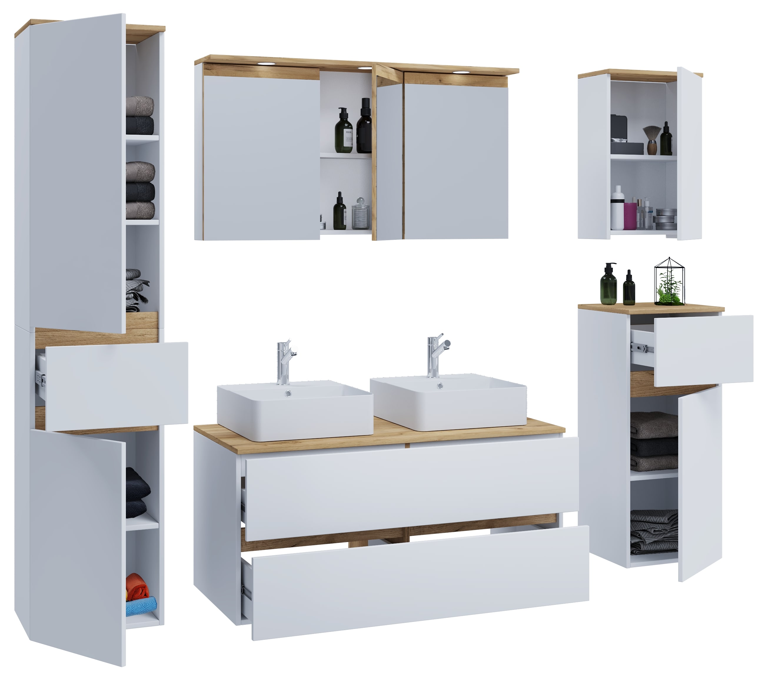 VCM 7-tlg. Doppelwaschtisch Cosila mit 2 Keramikbecken &ndash; Badschrank  H. 51 x B. 111 x T. 51 cm mit 2 Softclose-Schubladen, Spiegelschrank mit Beleuchtung & Steckdose, Midi und H&auml;ngeschrank, Waschplatz Set Cosila-A 