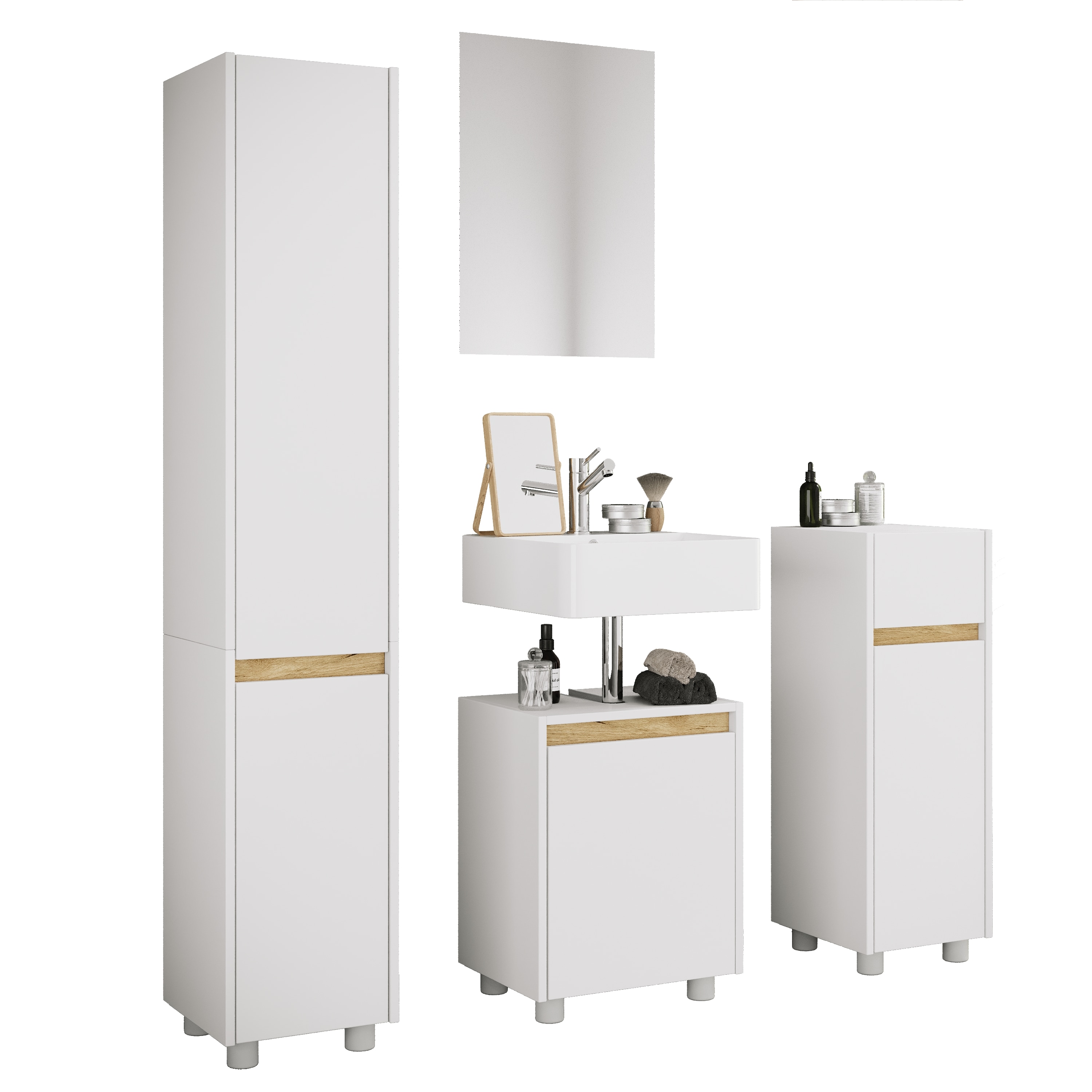 VCM 4-tlg. Badm&ouml;bel Set mit Waschbeckenunterschrank, Hochschrank, Midischrank & Spiegel - Cosila  M 