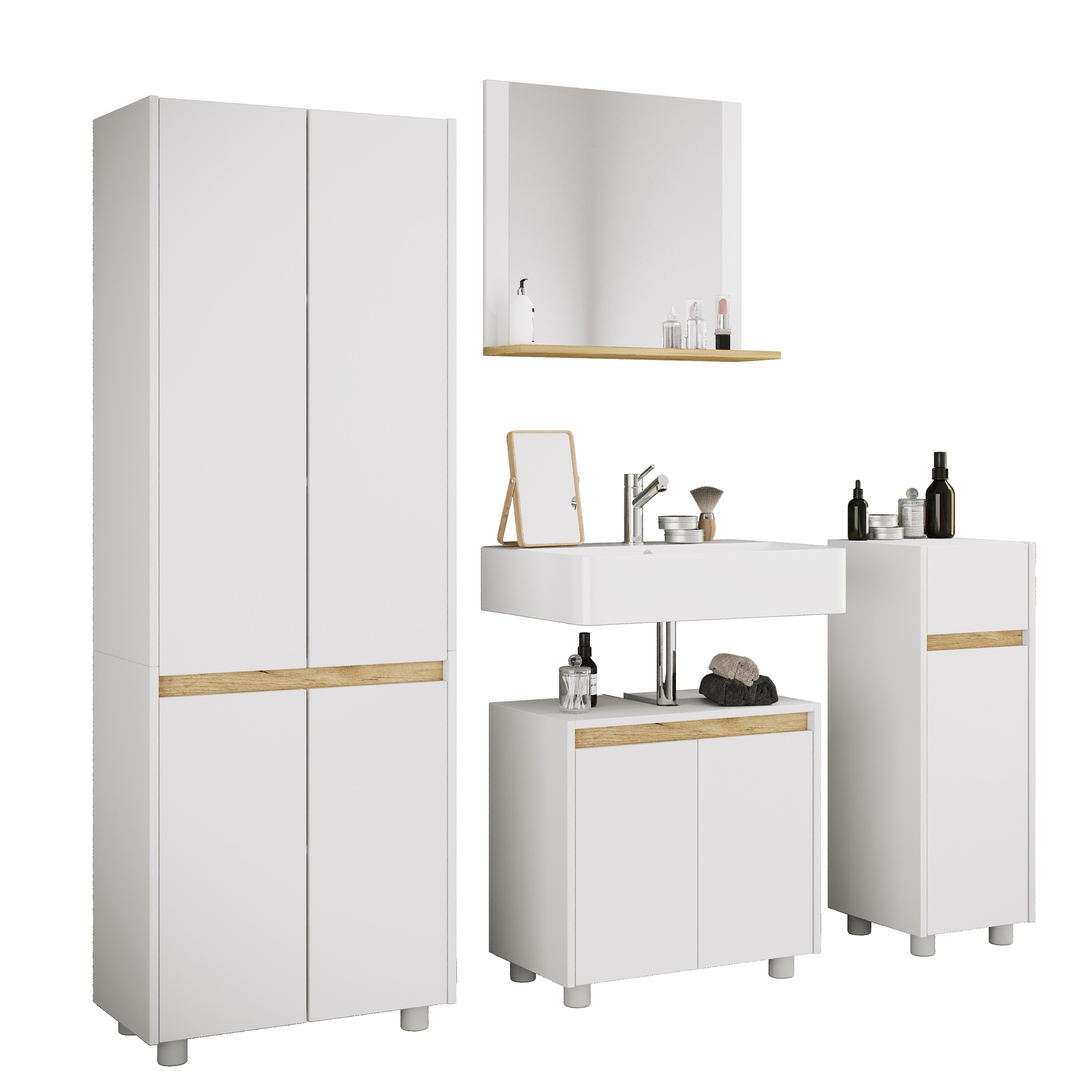 VCM 4-tlg. Badm&ouml;bel Set mit Waschbeckenunterschrank, breiter Hochschrank, Midischrank & Spiegel - Cosila  L 