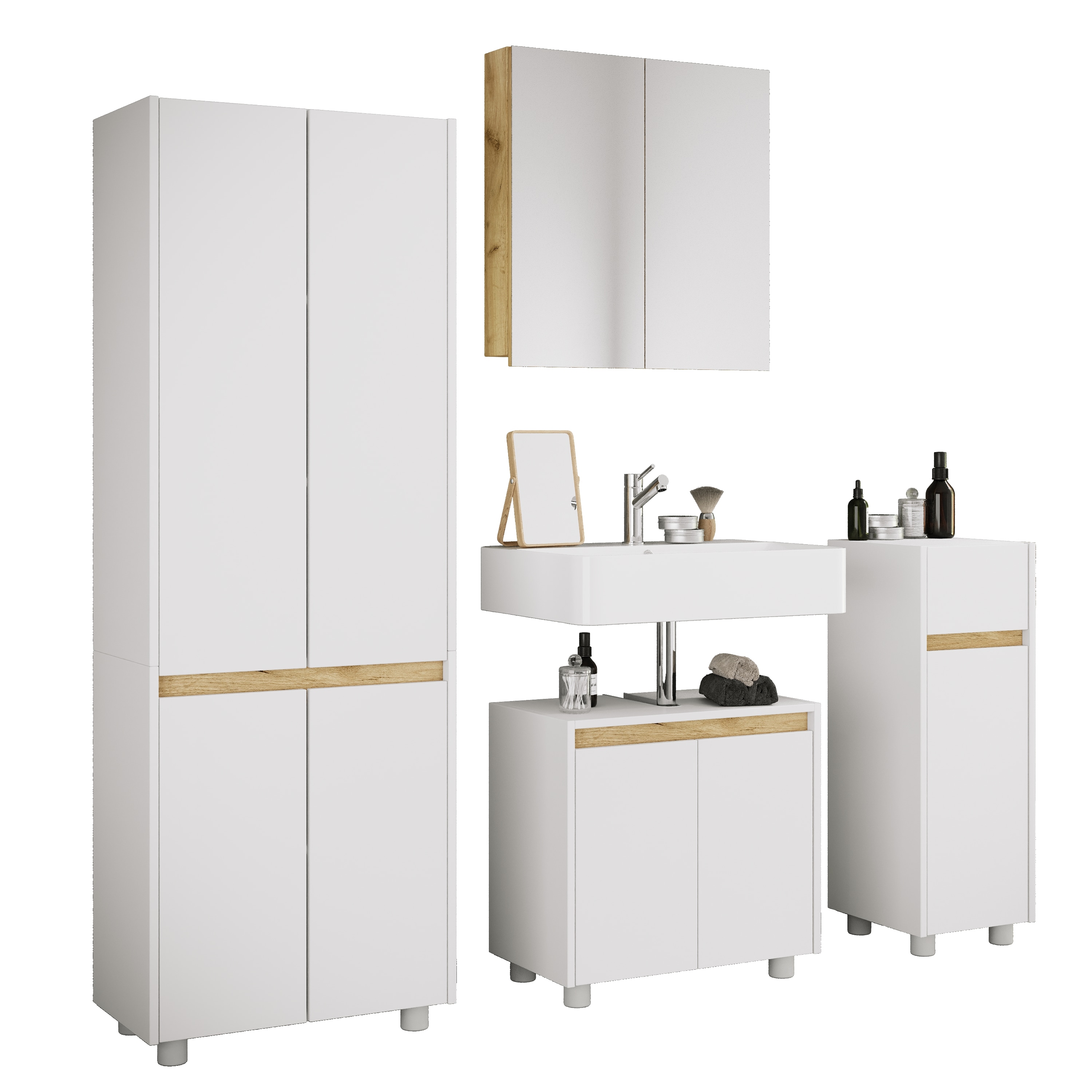 VCM 4-tlg. Badm&ouml;bel Set mit Waschbeckenunterschrank, breiter Hochschrank, Midischrank & Spiegelschrank - Cosila  XL 