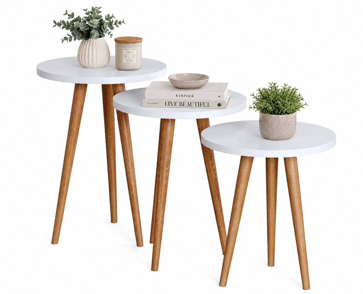 VCM 3-tlg. Beistelltisch Set, Runde Satztische mit Holzf&uuml;&szlig;en, &Oslash; 34 cm, Wohnzimmertische im Retro-Design - Barilo 
