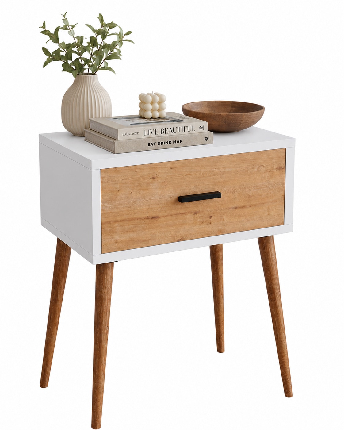 VCM Beistelltisch Nachttisch mit Schublade, 45 x 30 x 56 cm, Holzoptik, modernes Retro-Design - Singol  L 