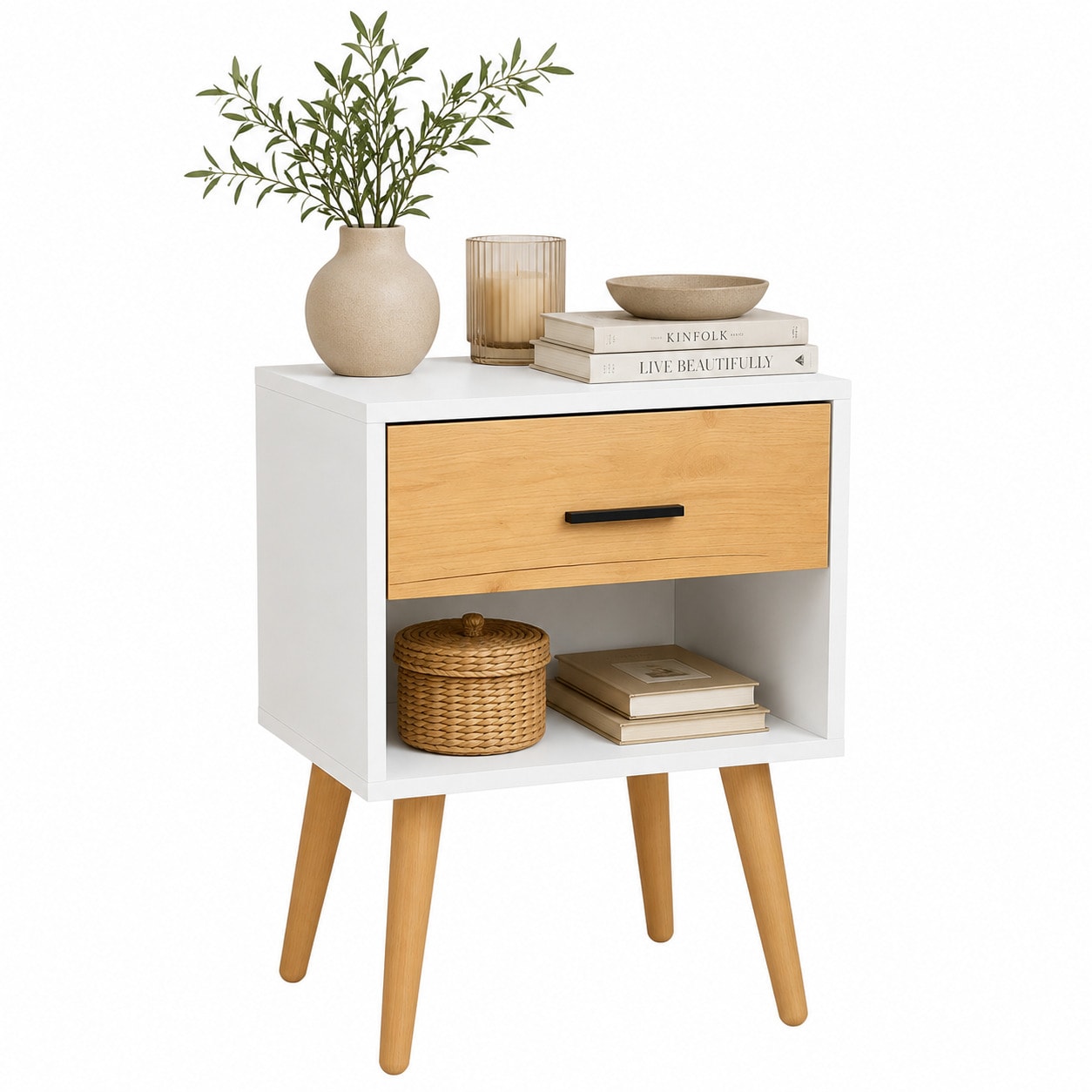 VCM Nachttisch mit Schublade und Ablagefach, 45 x 30 x 70 cm, Beistelltisch im Retro-Design mit Holzf&uuml;&szlig;en - Singol  XL 