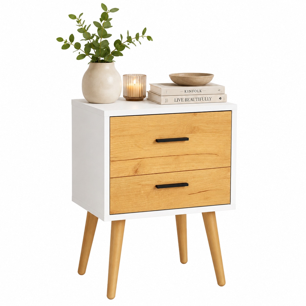VCM Nachttisch mit 2 Schubladen, 45 x 30 x 70 cm, Beistelltisch im Retro-Design mit Holzf&uuml;&szlig;en - Singol  XXL 