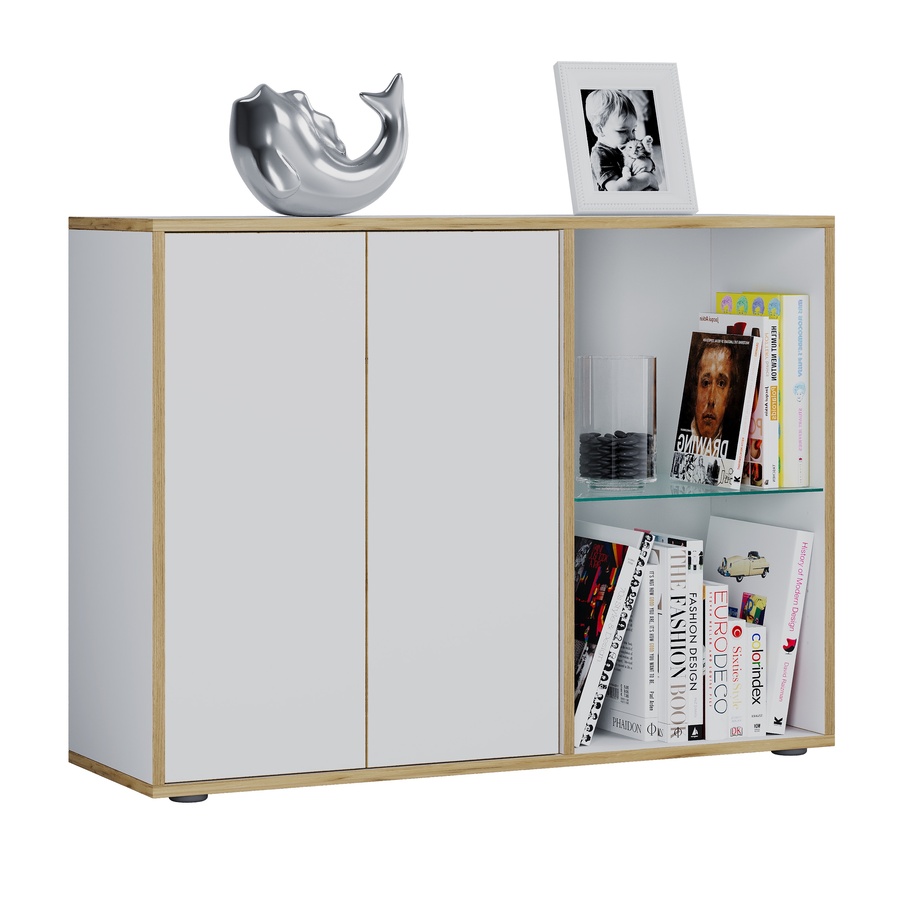 VCM Holz Kommode, Sideboard mit Dreht&uuml;ren und Glasboden, B&uuml;rom&ouml;bel, H. 74 x B. 100 x T. 33 cm - Salia 